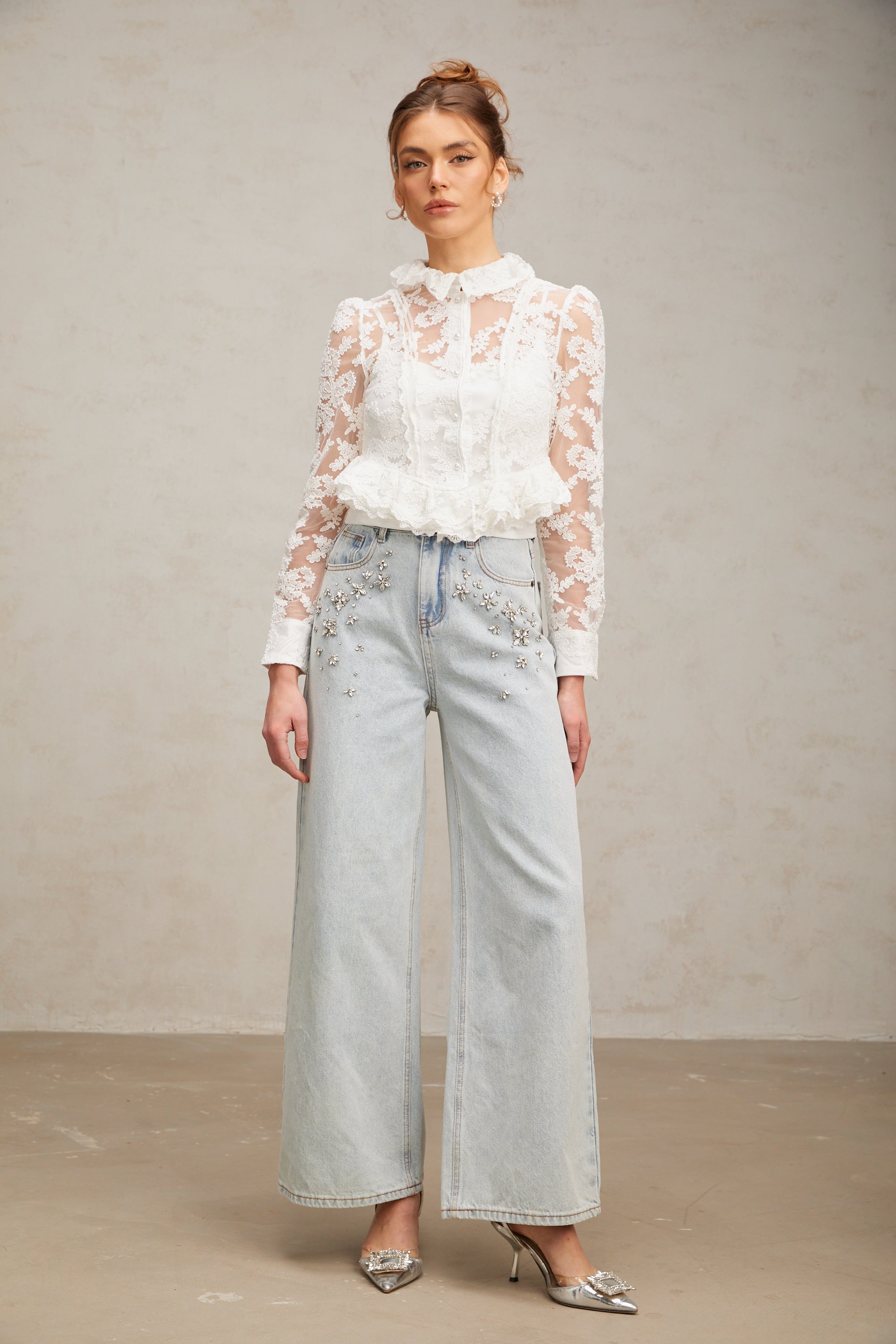 Karine white floral-embroidered lace blouse