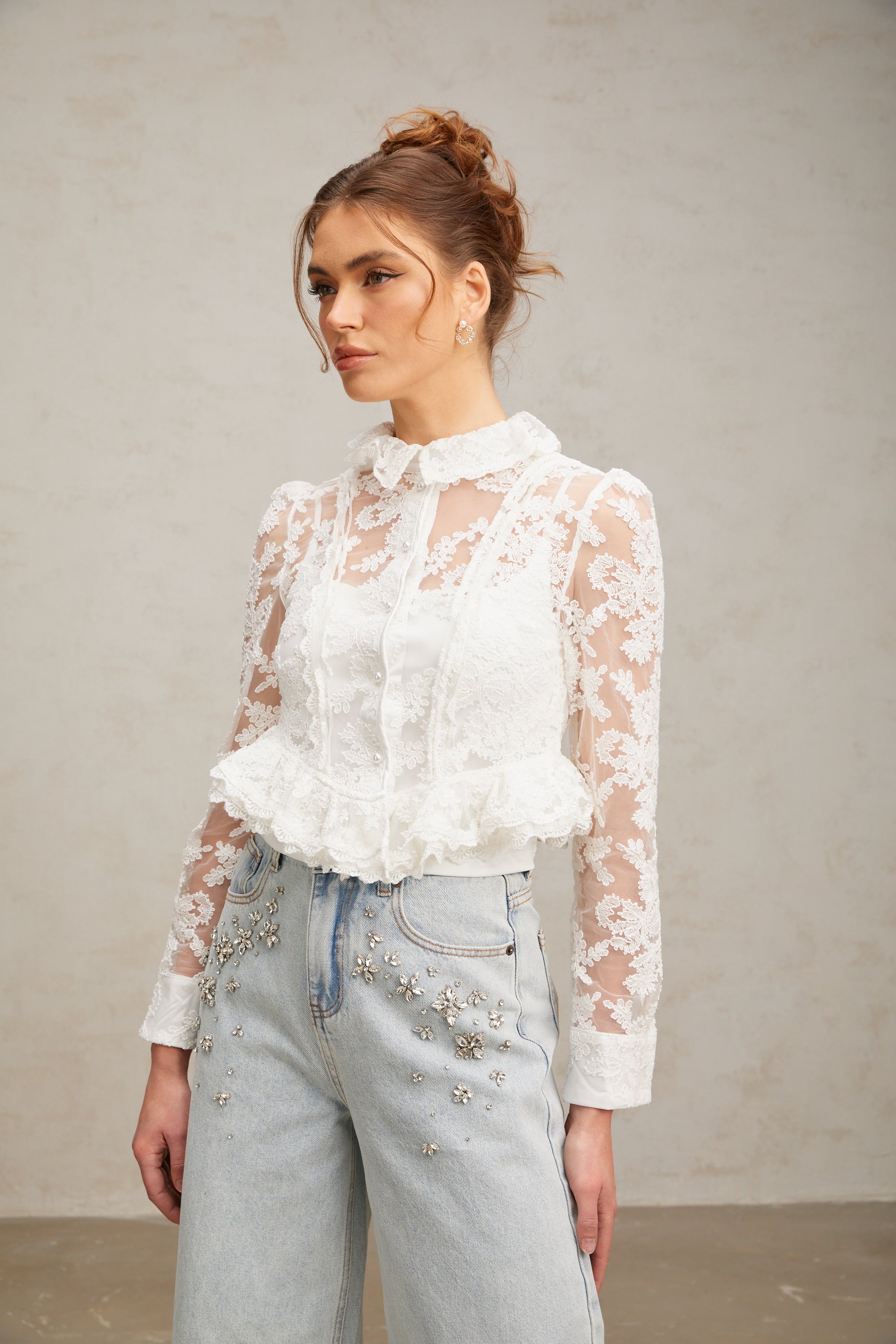 Karine white floral-embroidered lace blouse