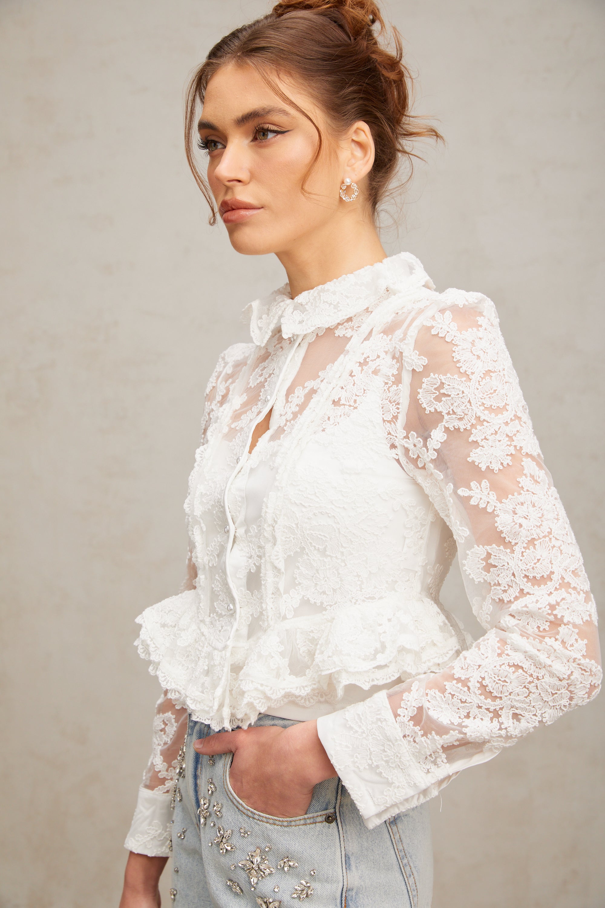 Karine white floral-embroidered lace blouse