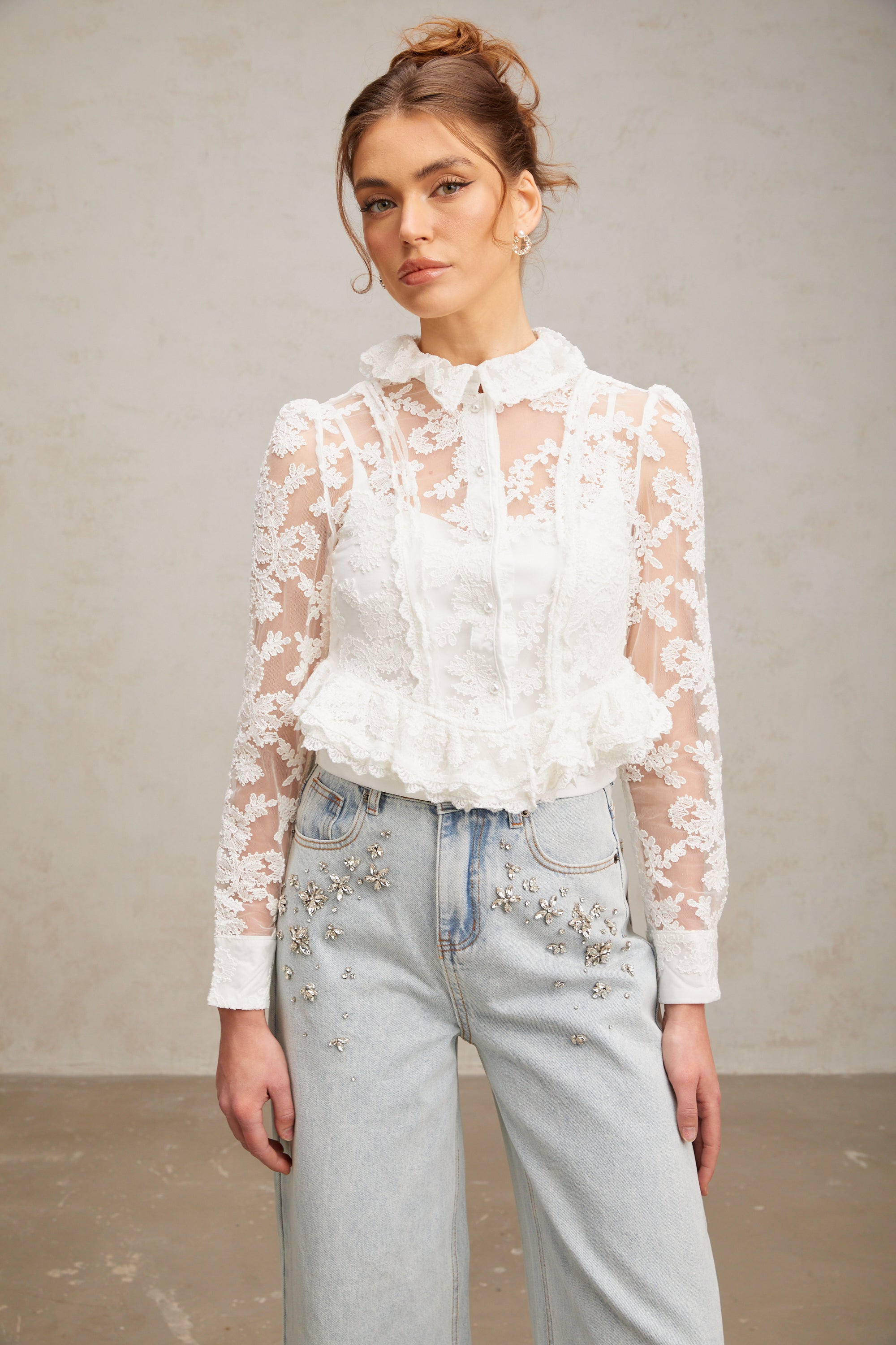 Karine white floral-embroidered lace blouse