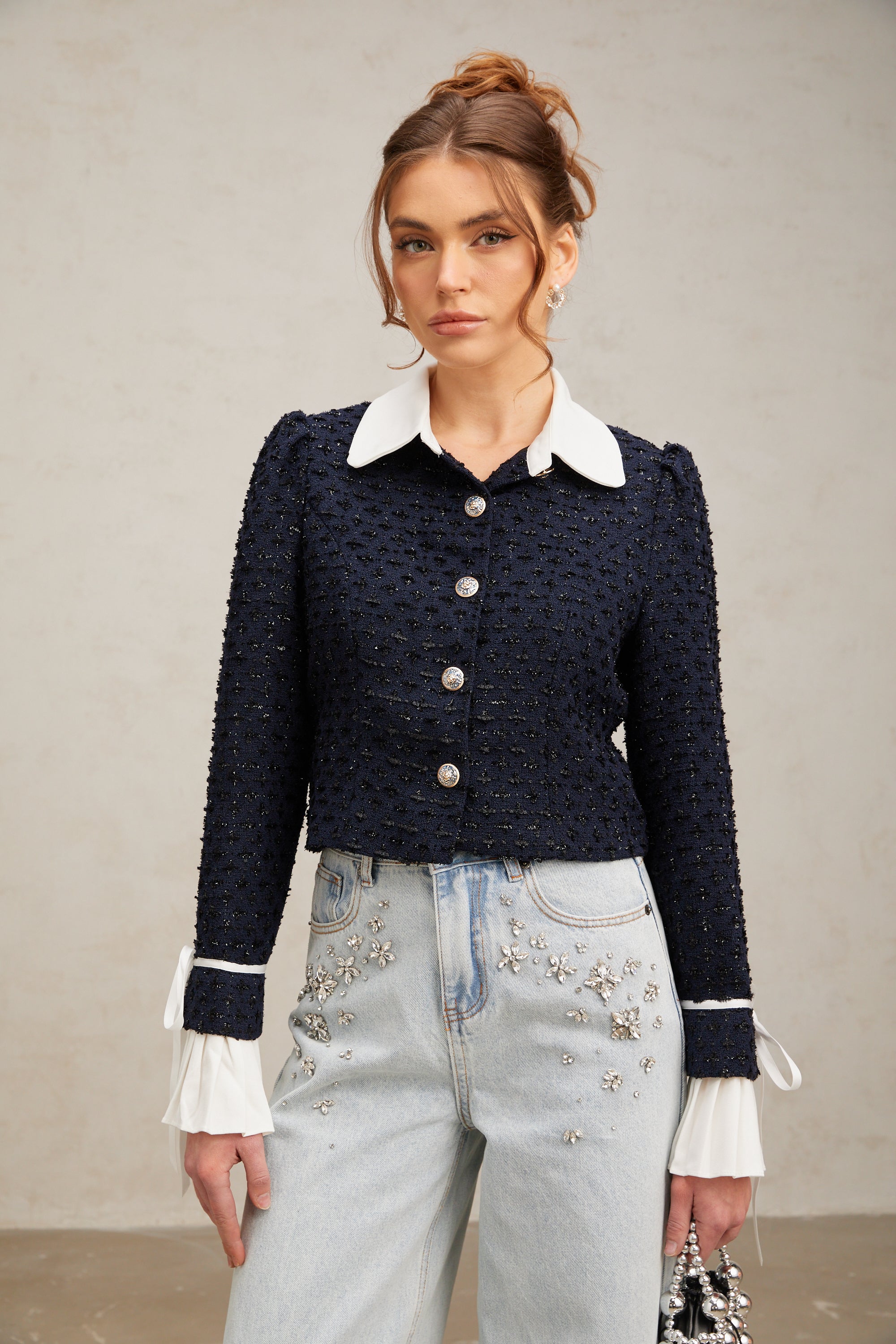 Doriane navy-blue panelled tweed jacket