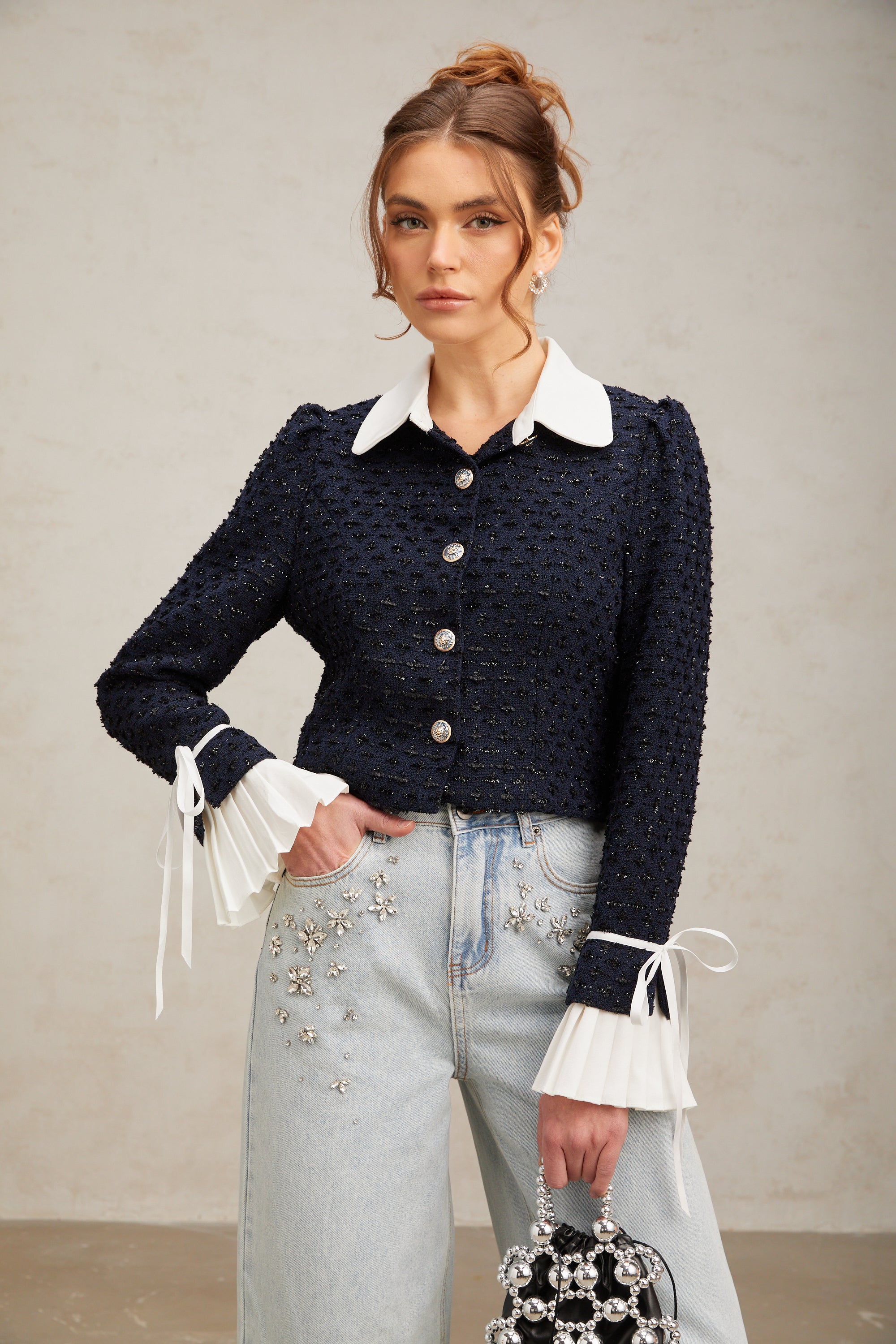 Doriane navy-blue panelled tweed jacket