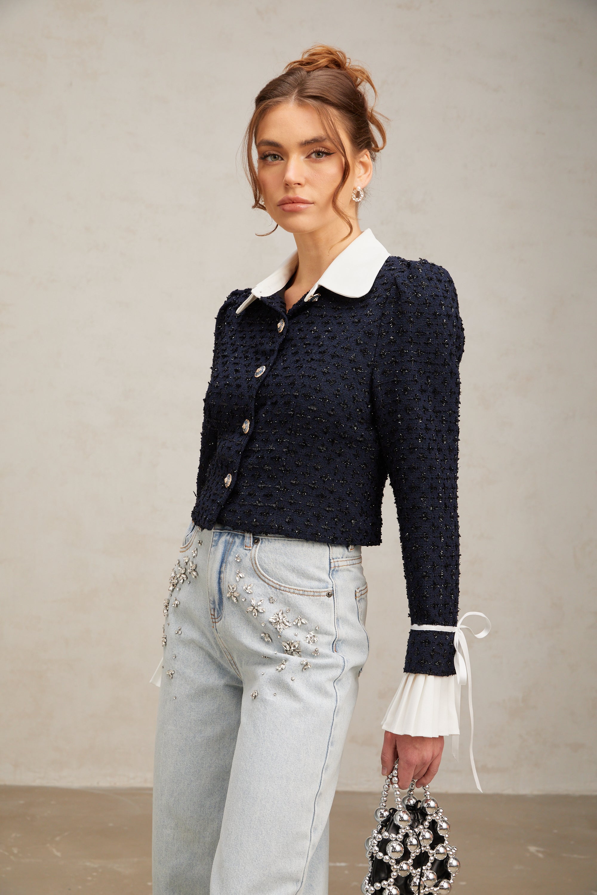 Doriane navy-blue panelled tweed jacket