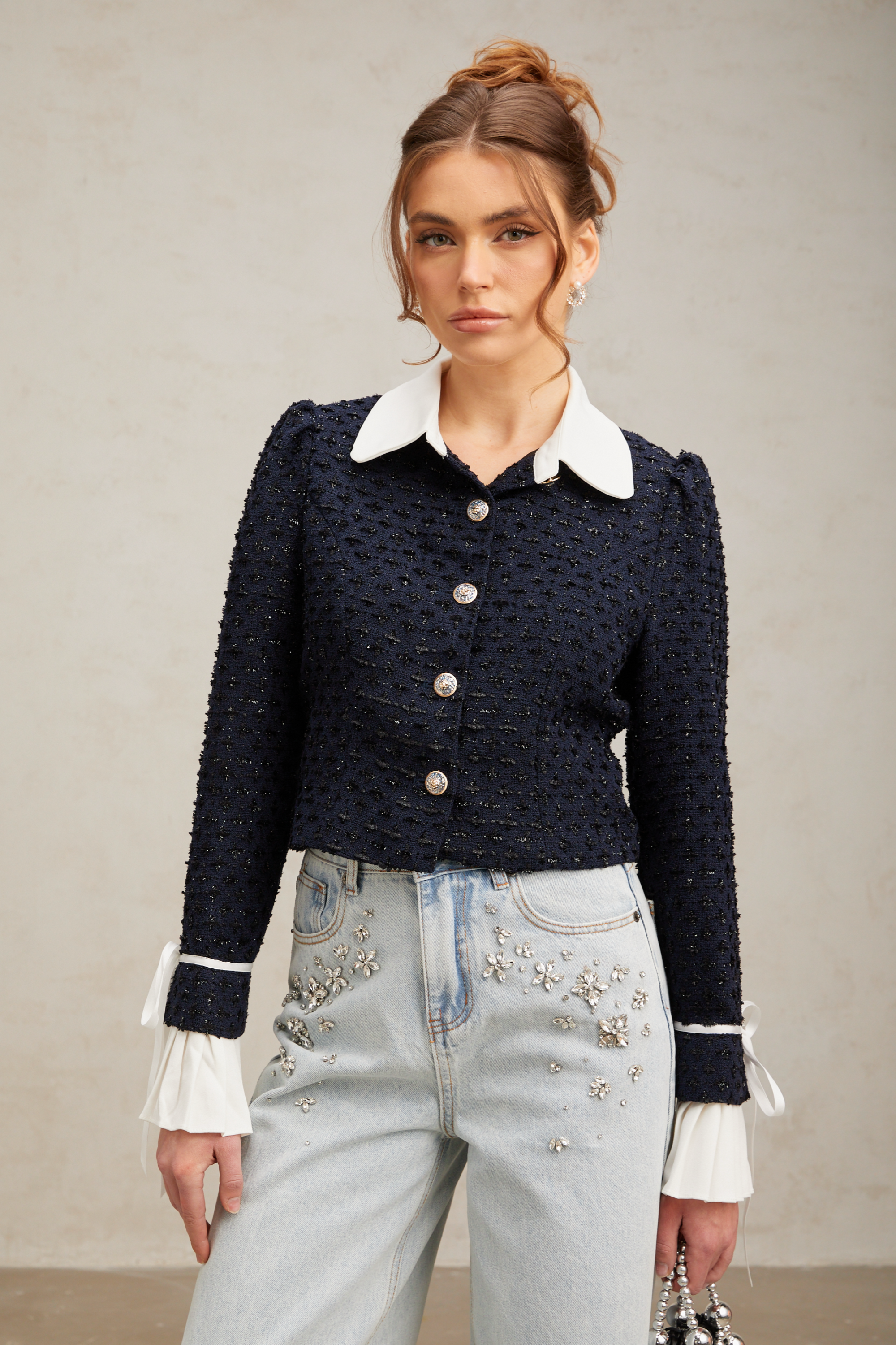 Doriane navy-blue panelled tweed jacket