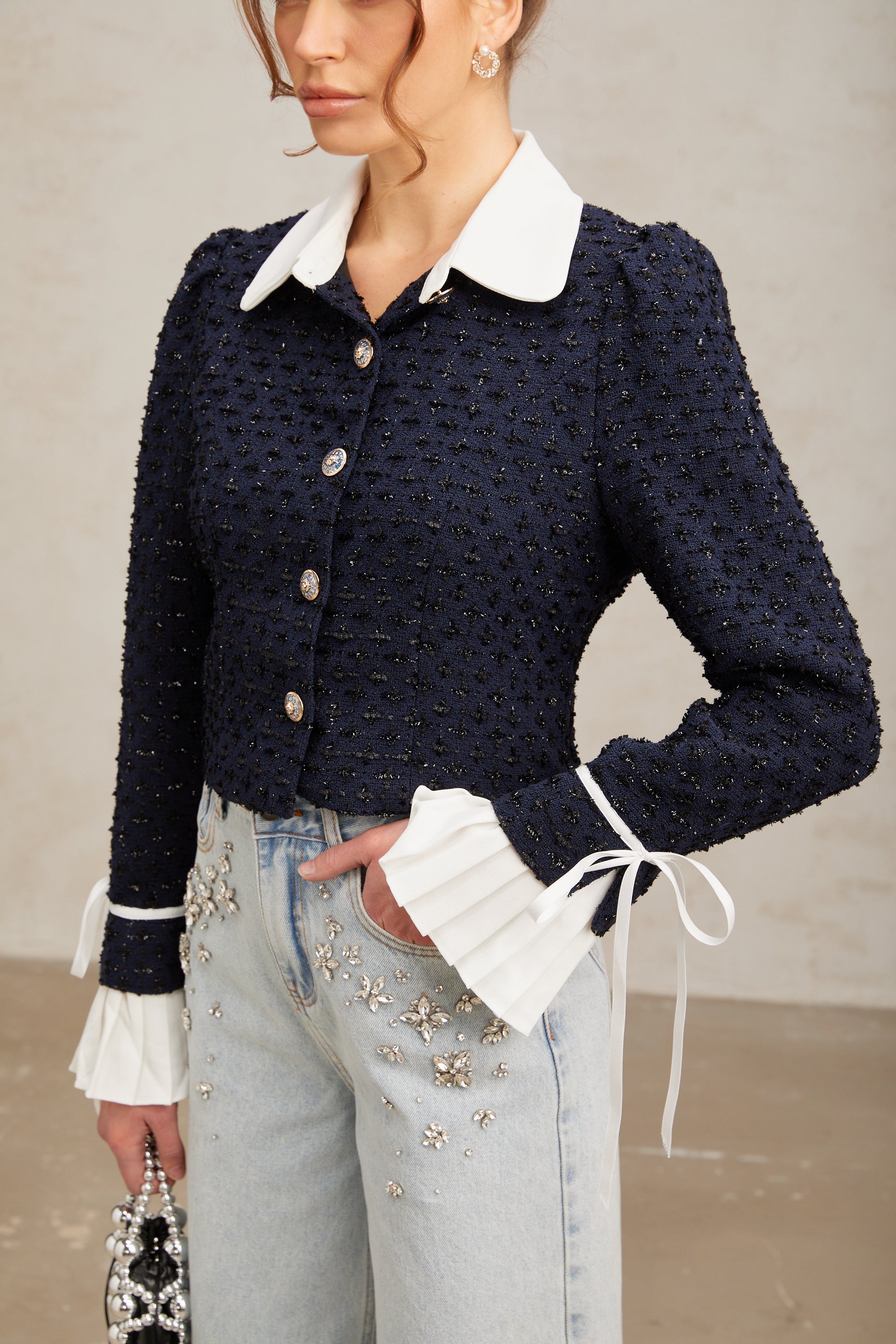 Doriane navy-blue panelled tweed jacket