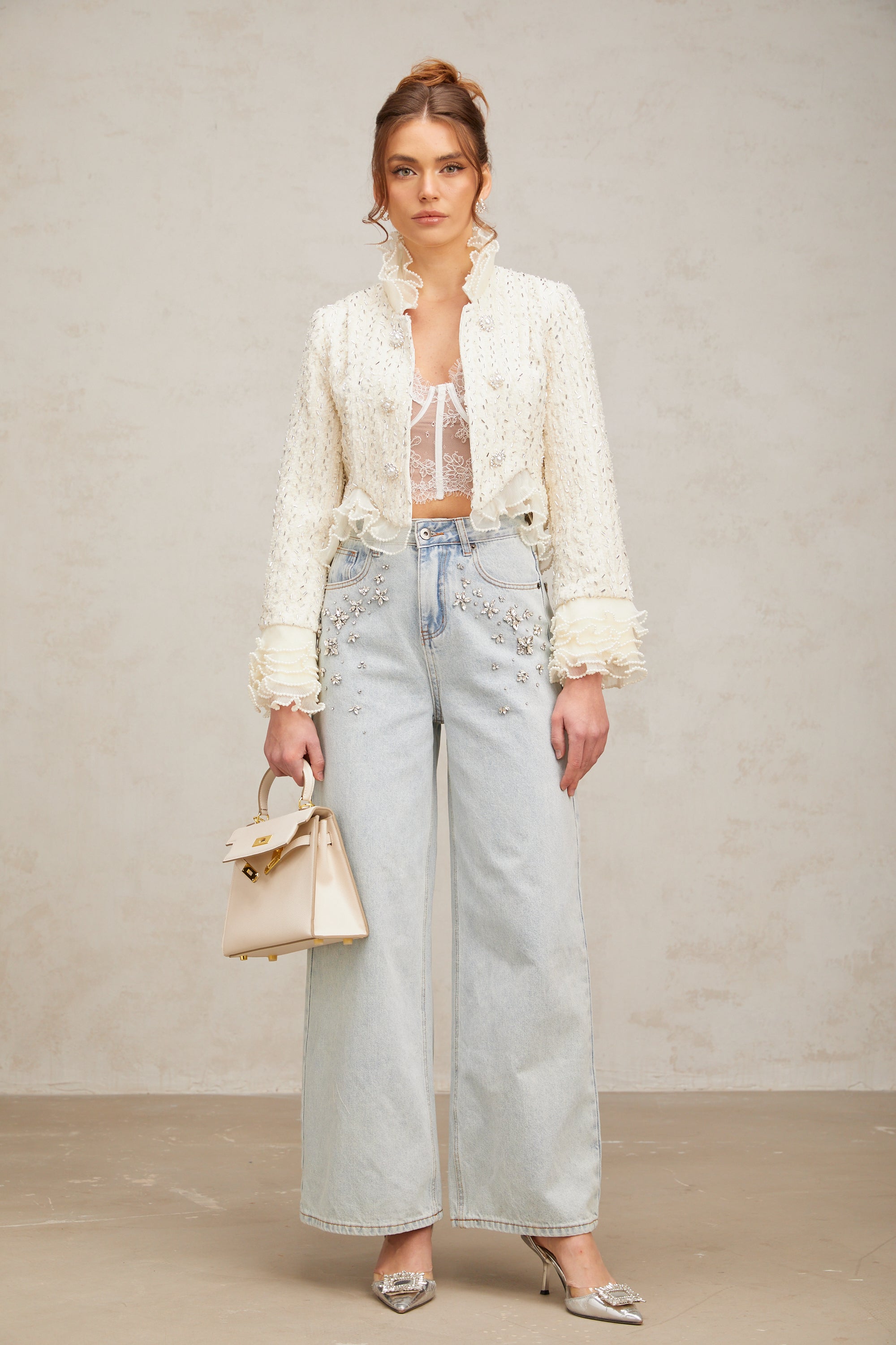 Blanche white beaded ruffle cropped jacket