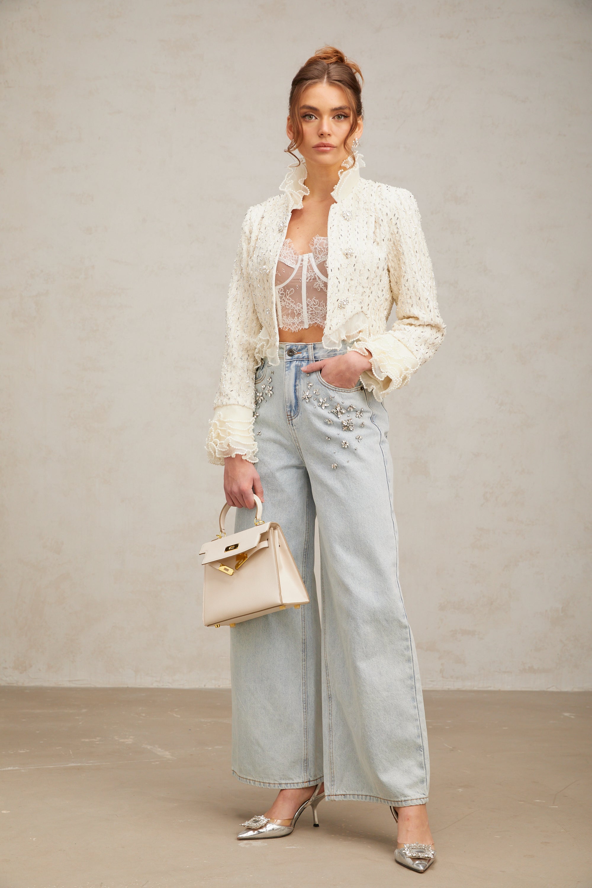 Blanche white beaded ruffle cropped jacket