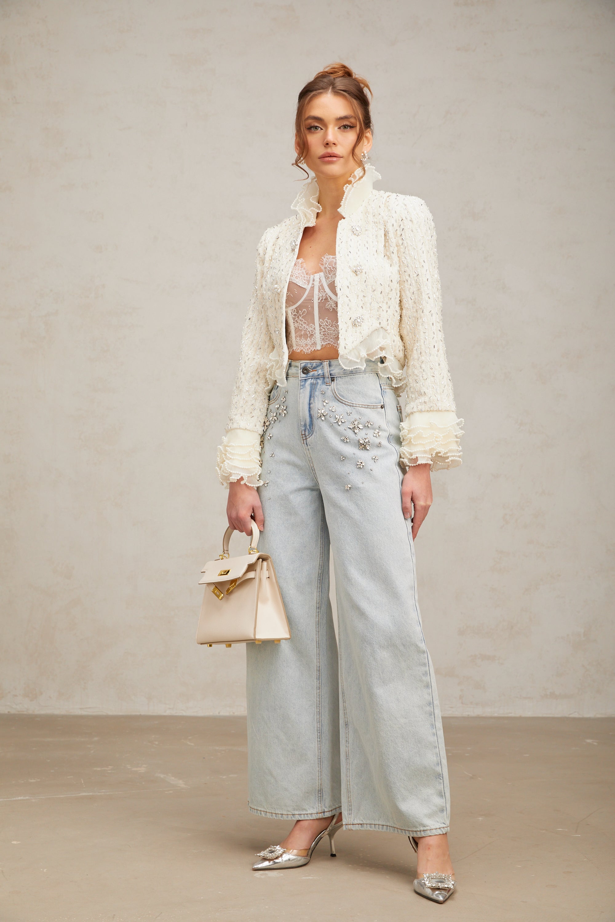 Blanche white beaded ruffle cropped jacket