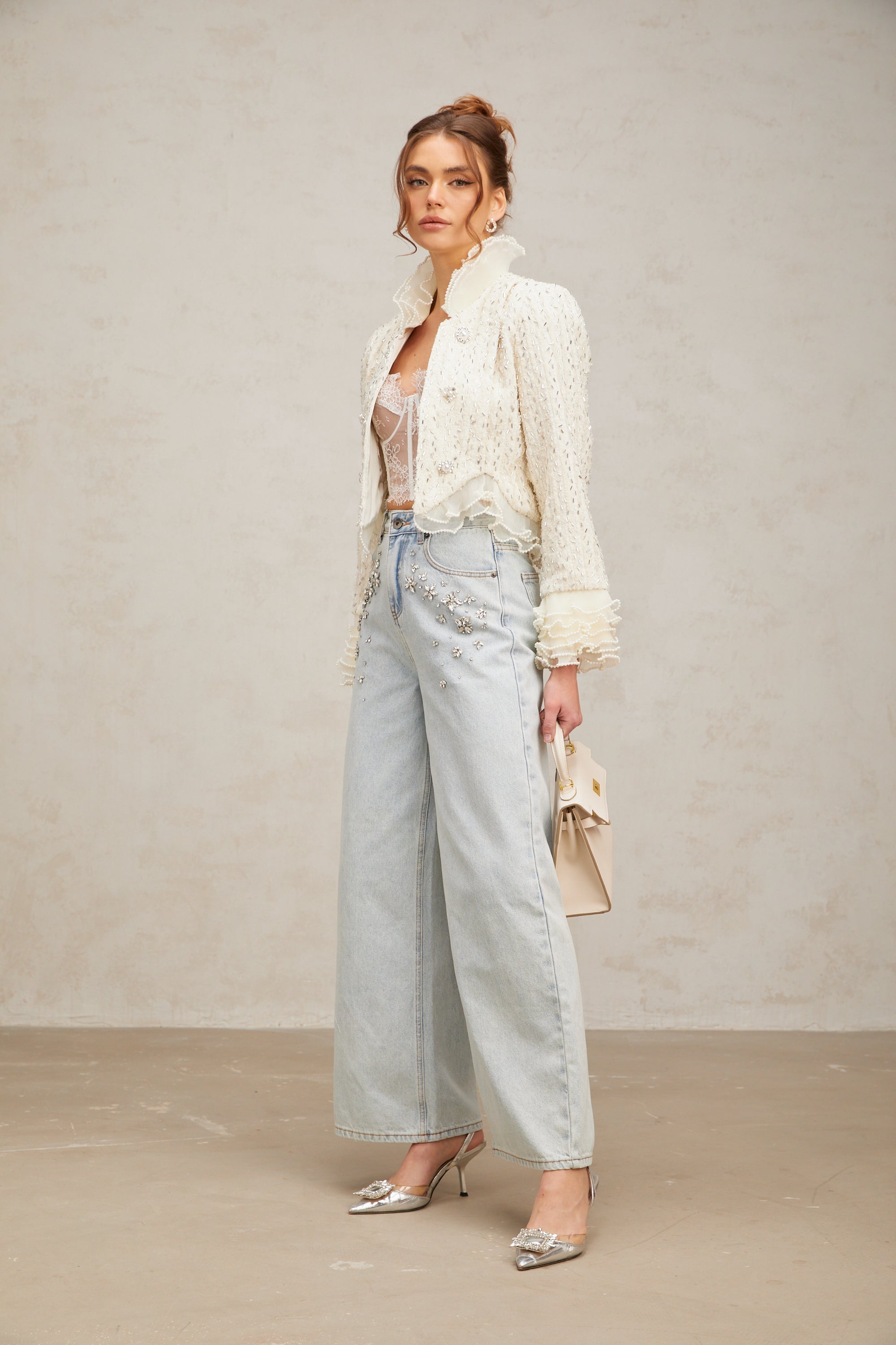 Blanche white beaded ruffle cropped jacket