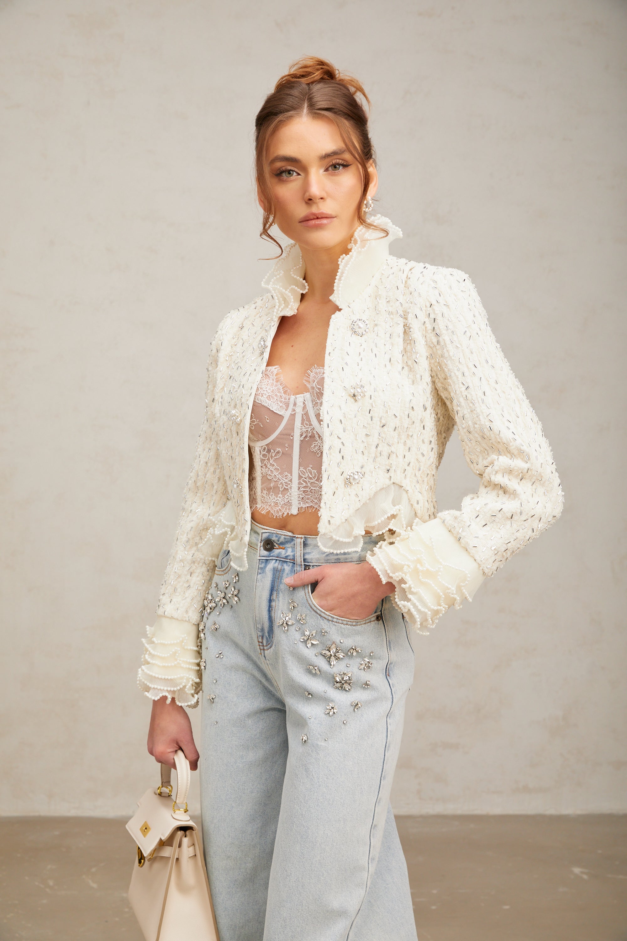 Blanche white beaded ruffle cropped jacket