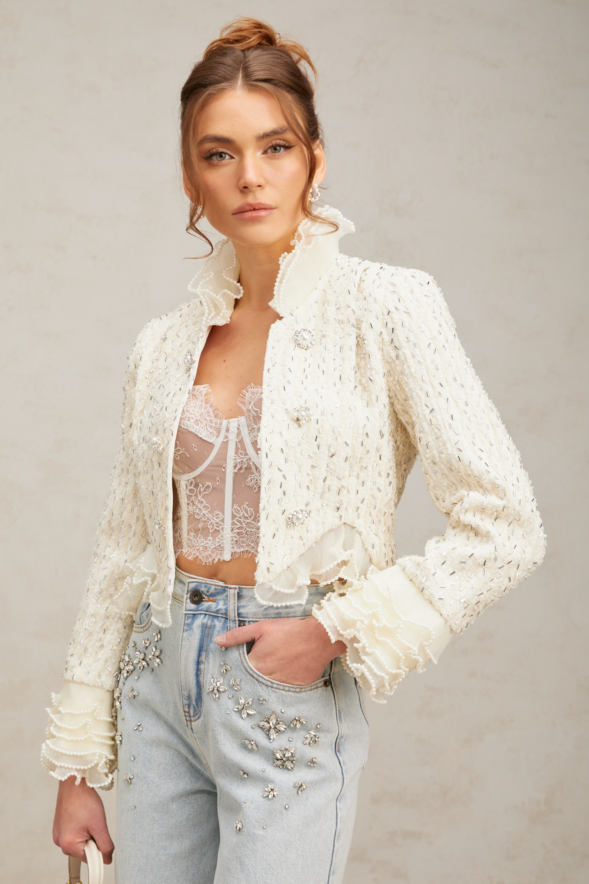 Blanche white beaded ruffle cropped jacket