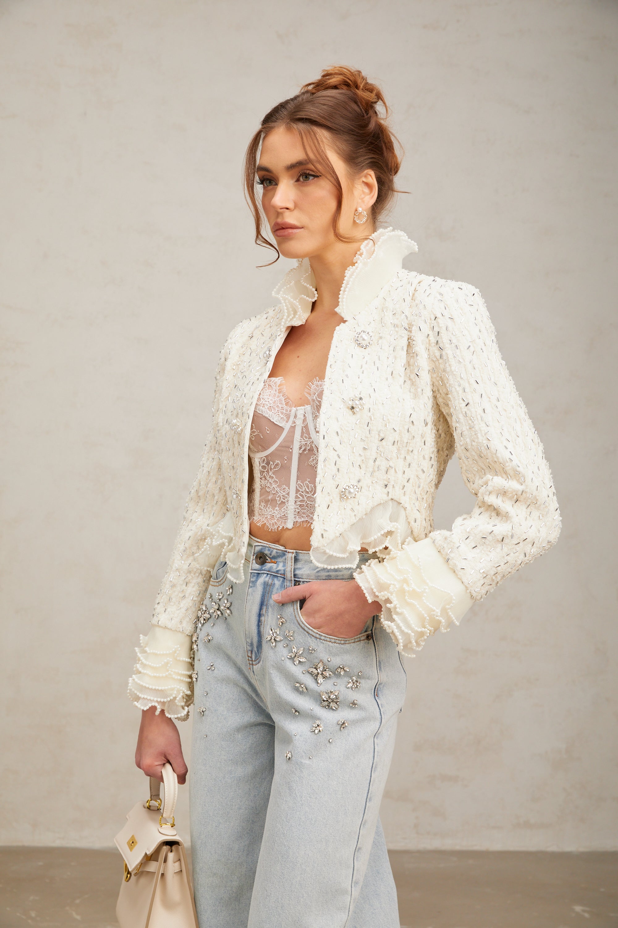 Blanche white beaded ruffle cropped jacket