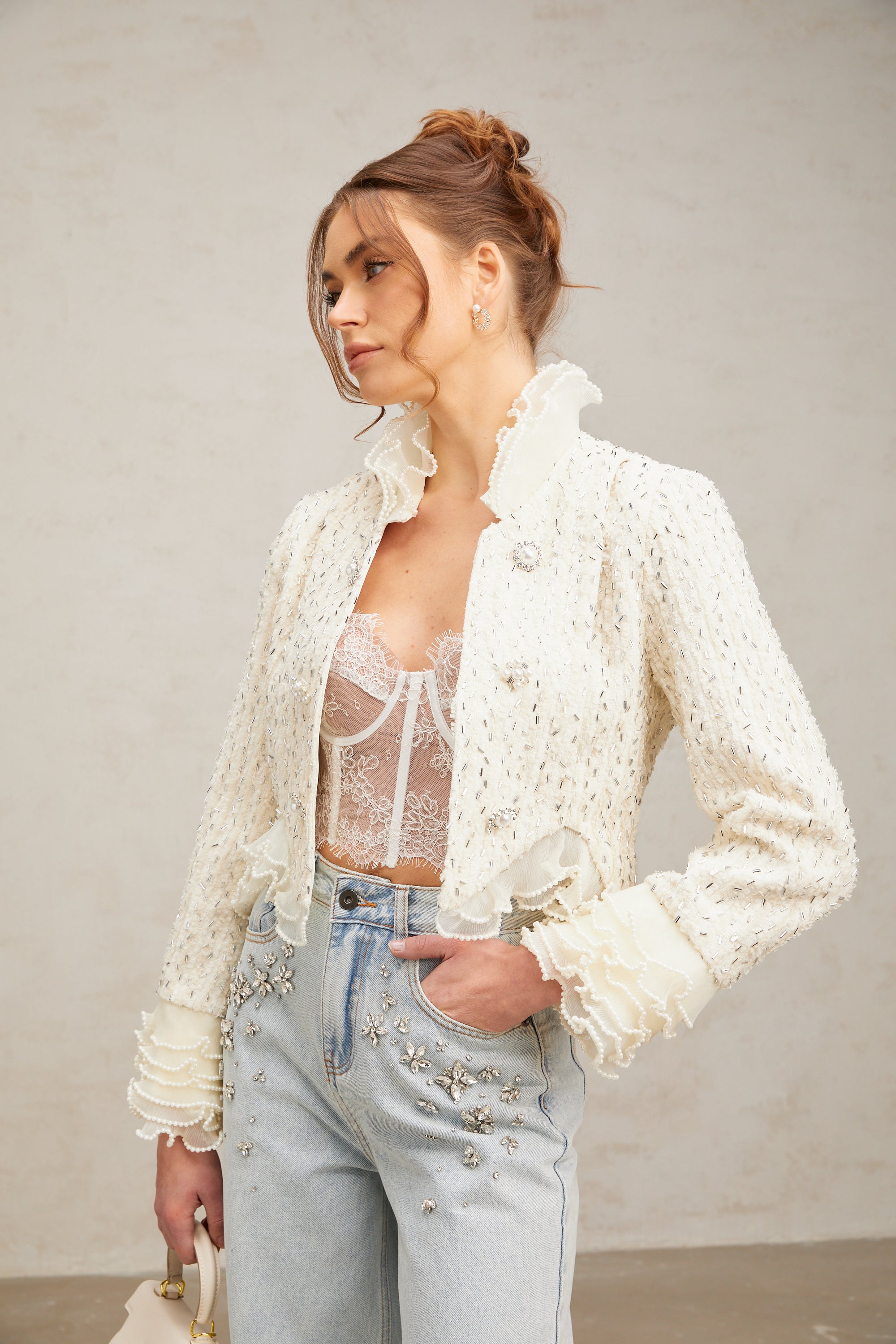 Blanche white beaded ruffle cropped jacket