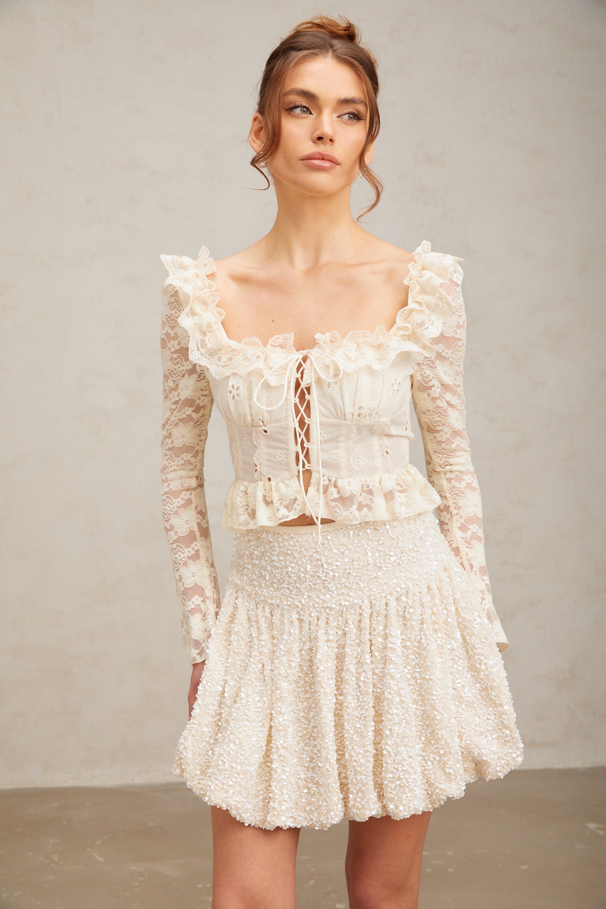 Eugénie off-white floral-lace ruffled blouse