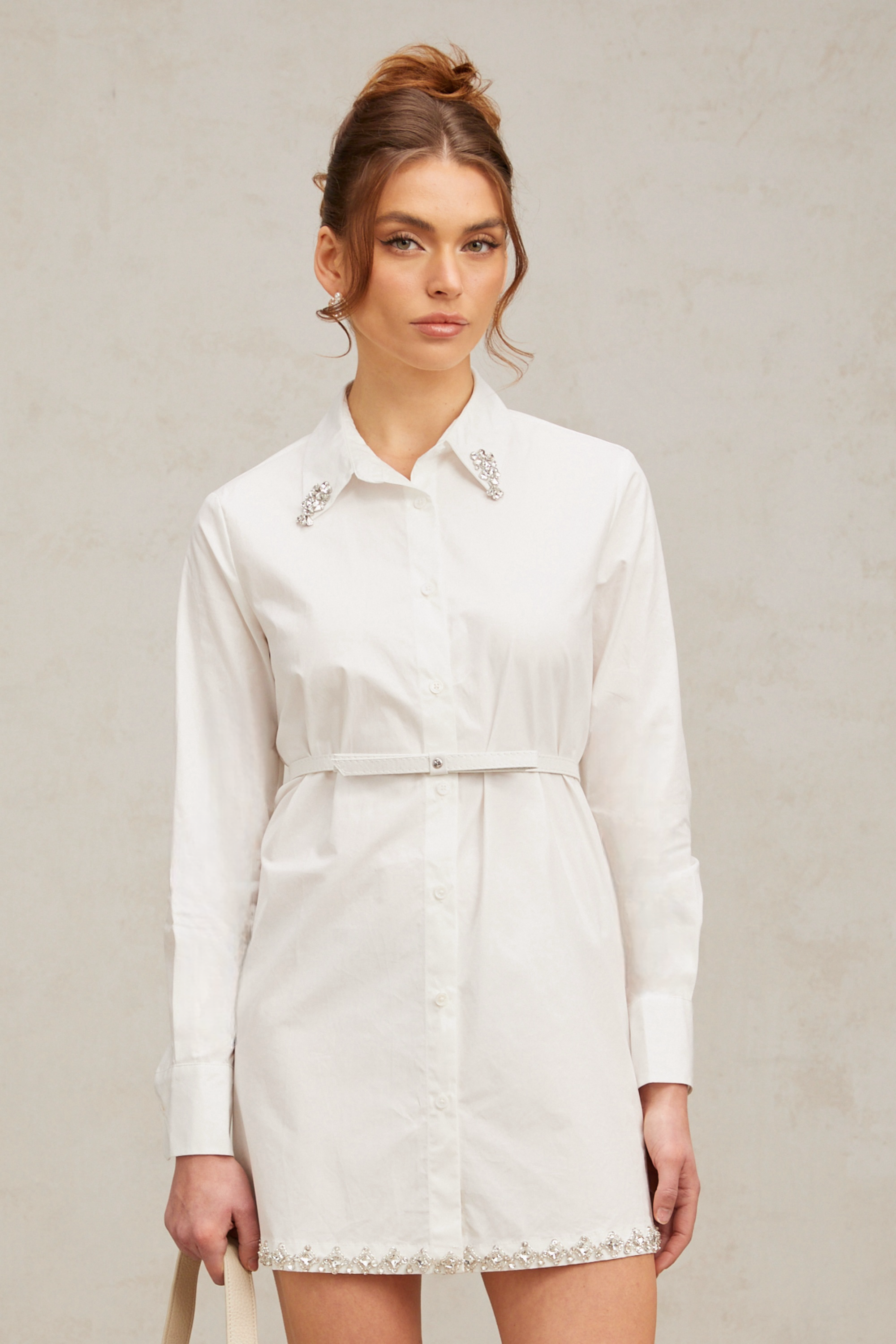 Angelina white crystal-embellished mini shirt dress (without belt)