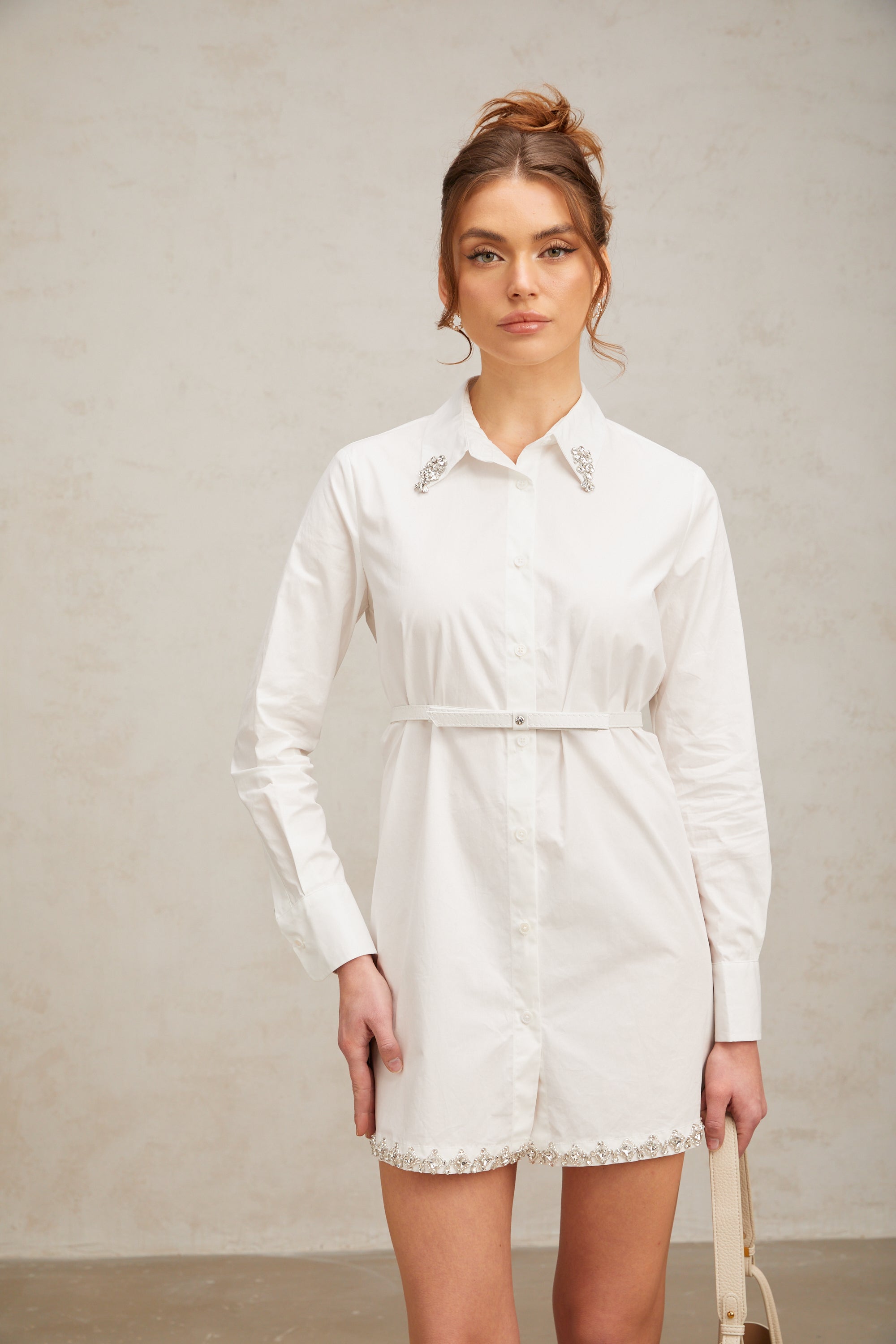 Angelina white crystal-embellished mini shirt dress (without belt)