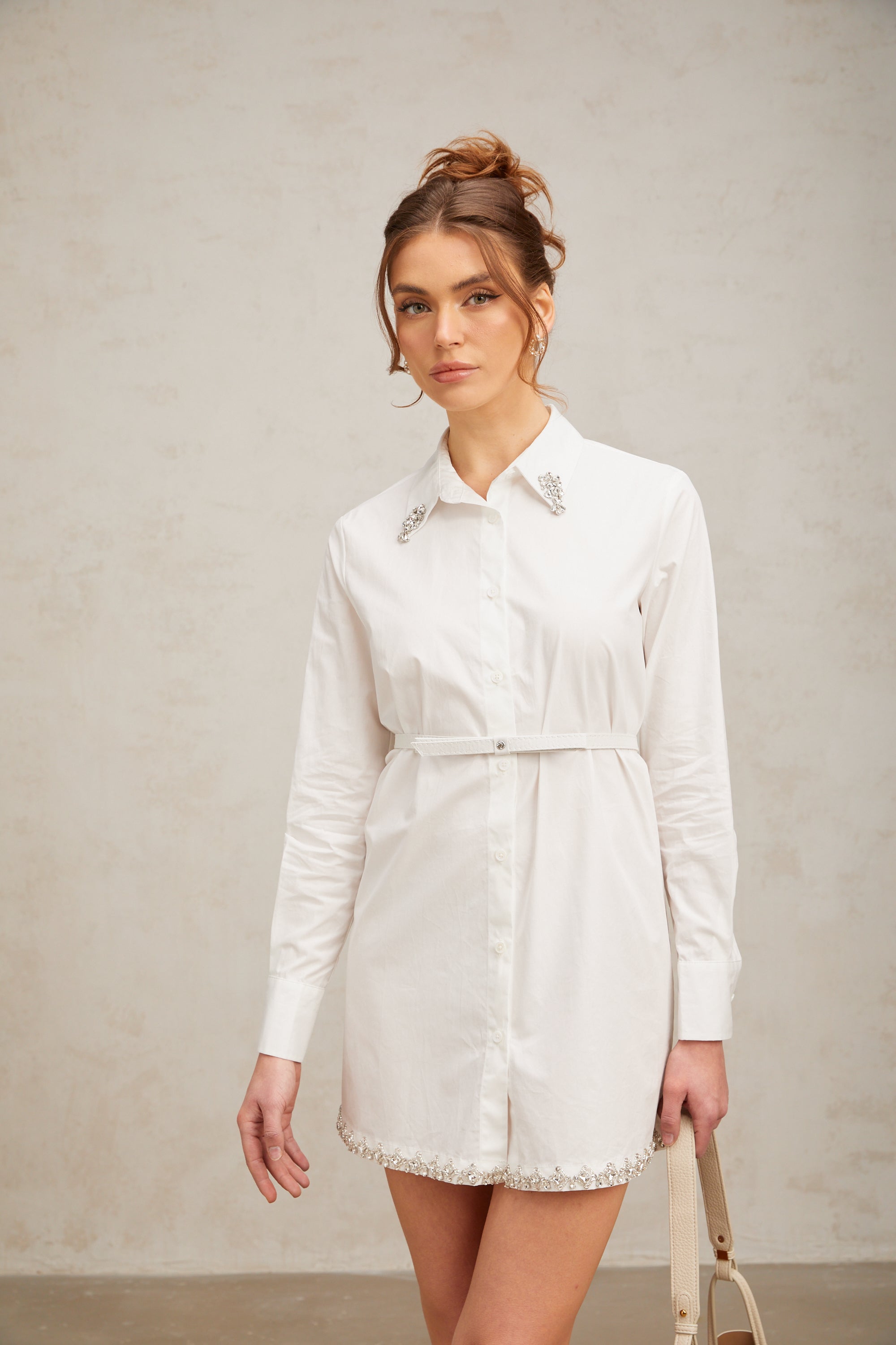 Angelina white crystal-embellished mini shirt dress (without belt)