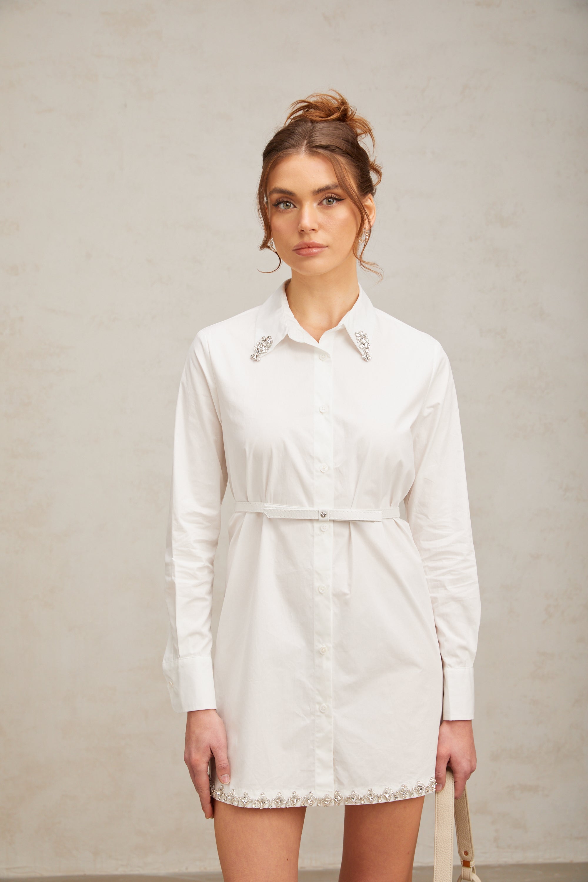 Angelina white crystal-embellished mini shirt dress (without belt)