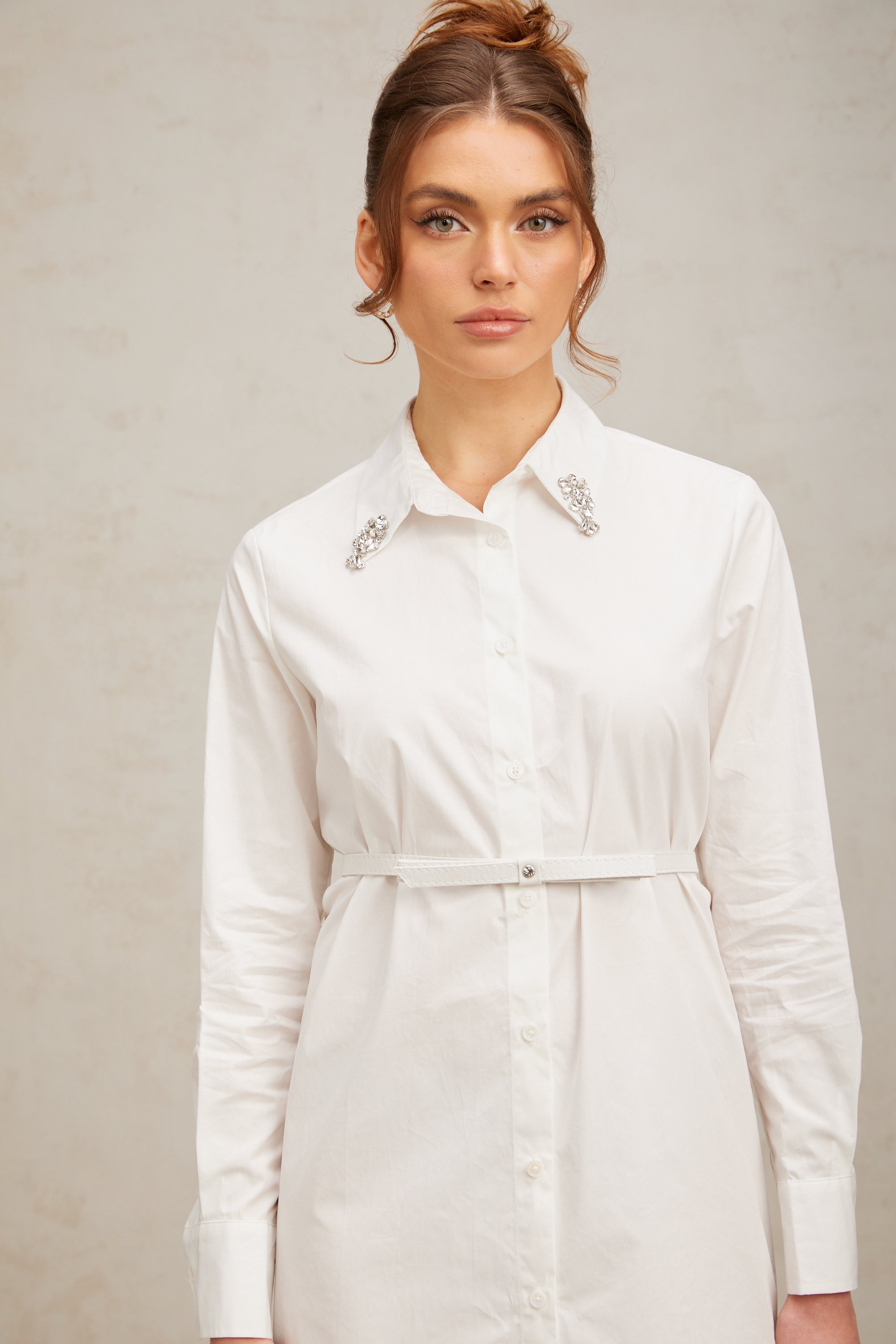 Angelina white crystal-embellished mini shirt dress (without belt)