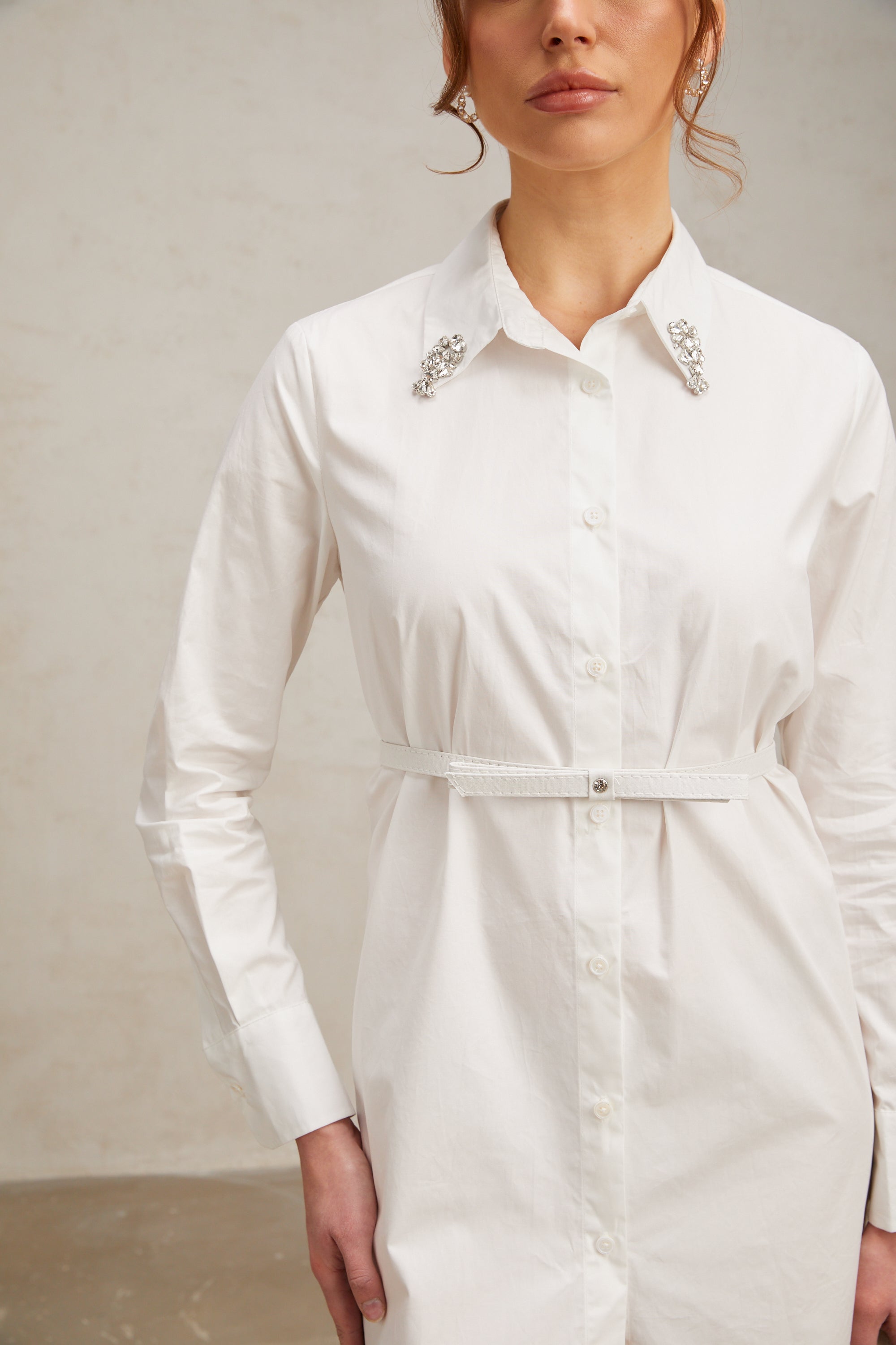 Angelina white crystal-embellished mini shirt dress (without belt)