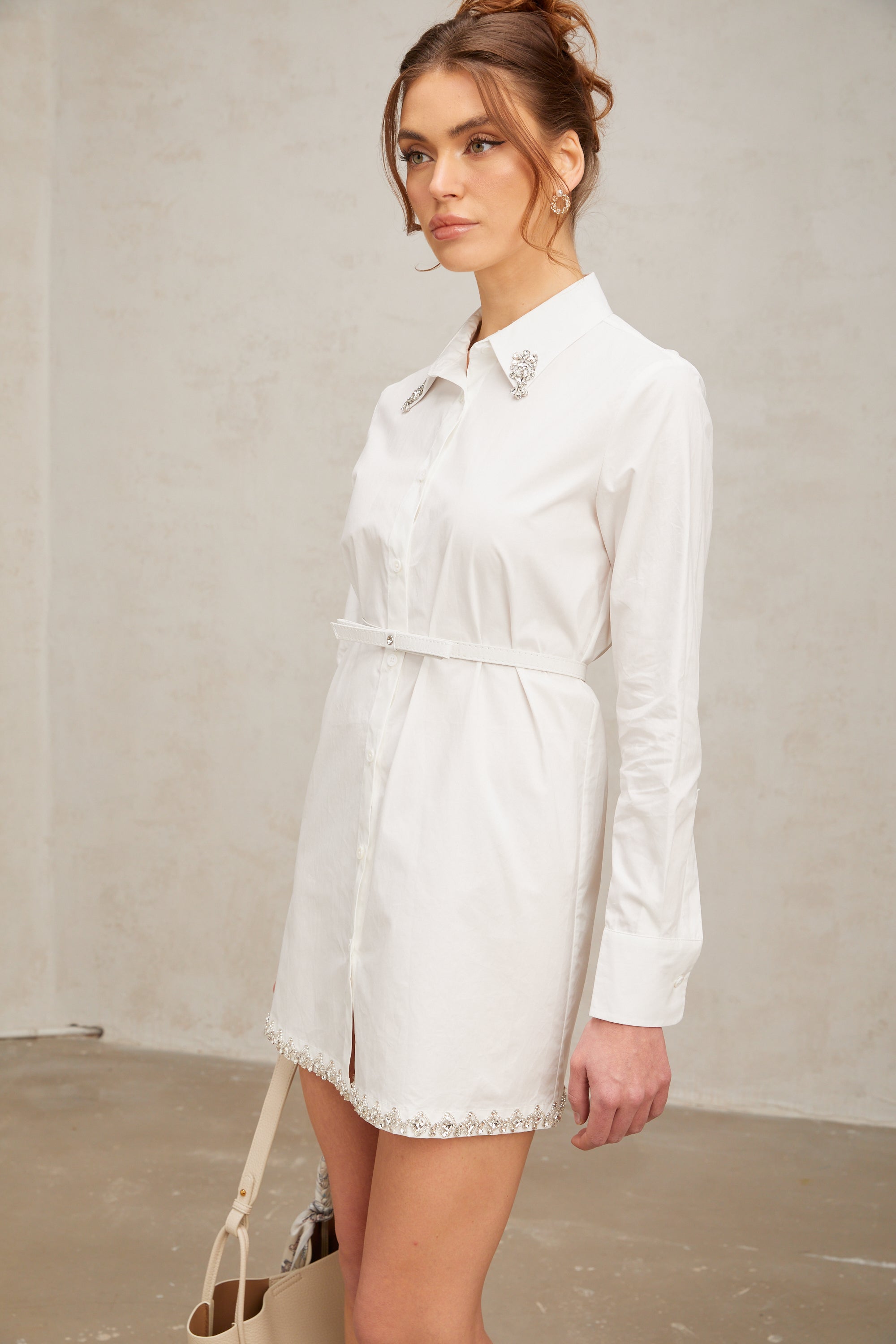 Angelina white crystal-embellished mini shirt dress (without belt)