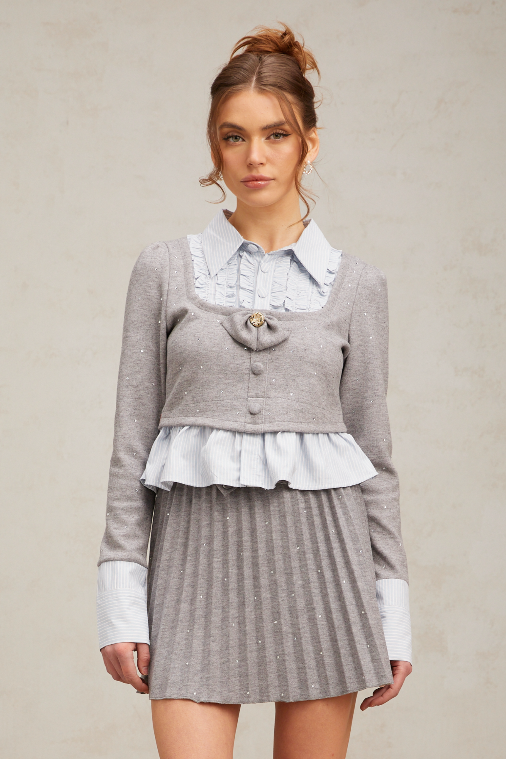 Honorine grey bowknot studded shirt & skirt matching set