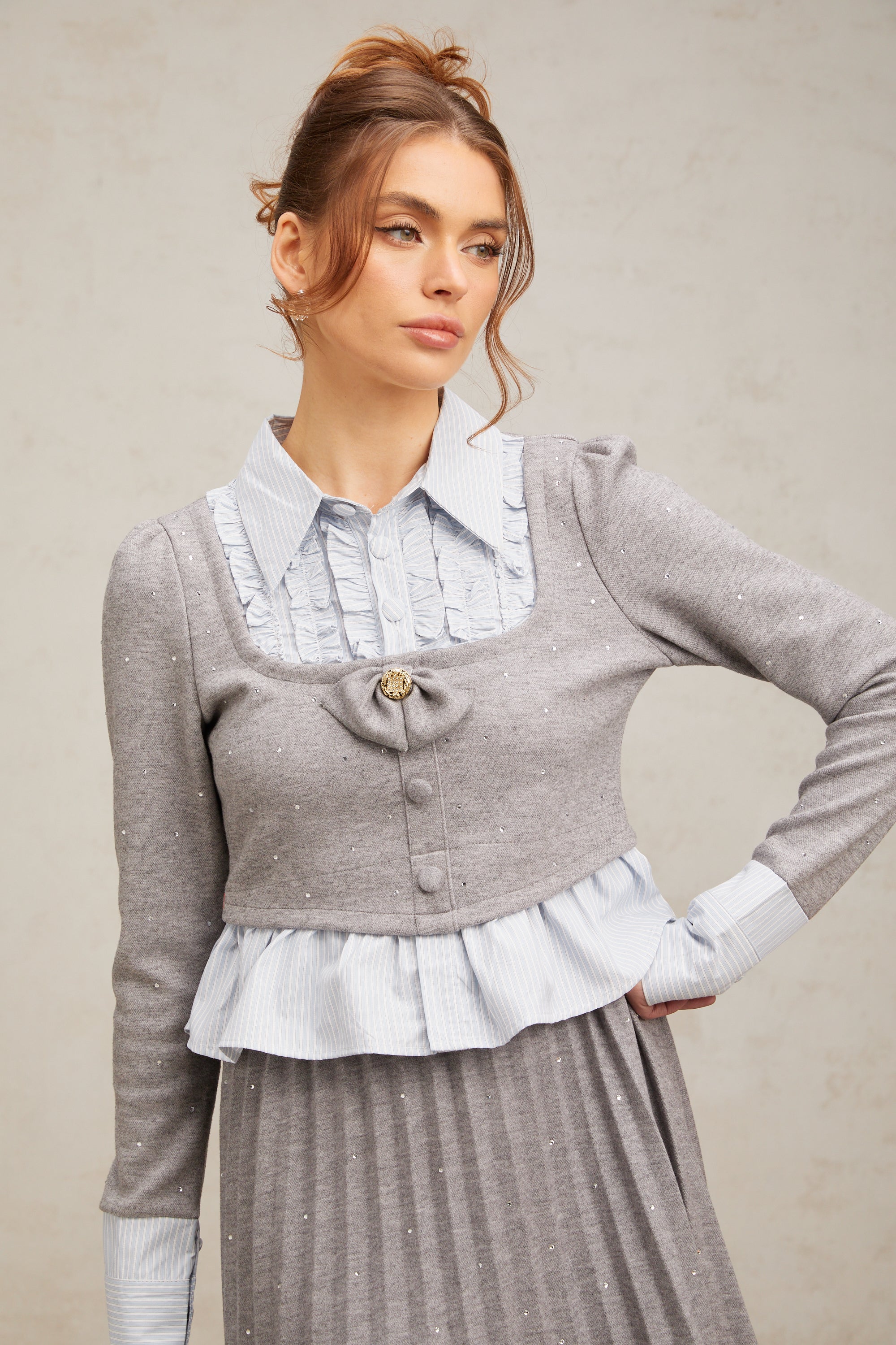 Honorine grey bowknot studded shirt & skirt matching set