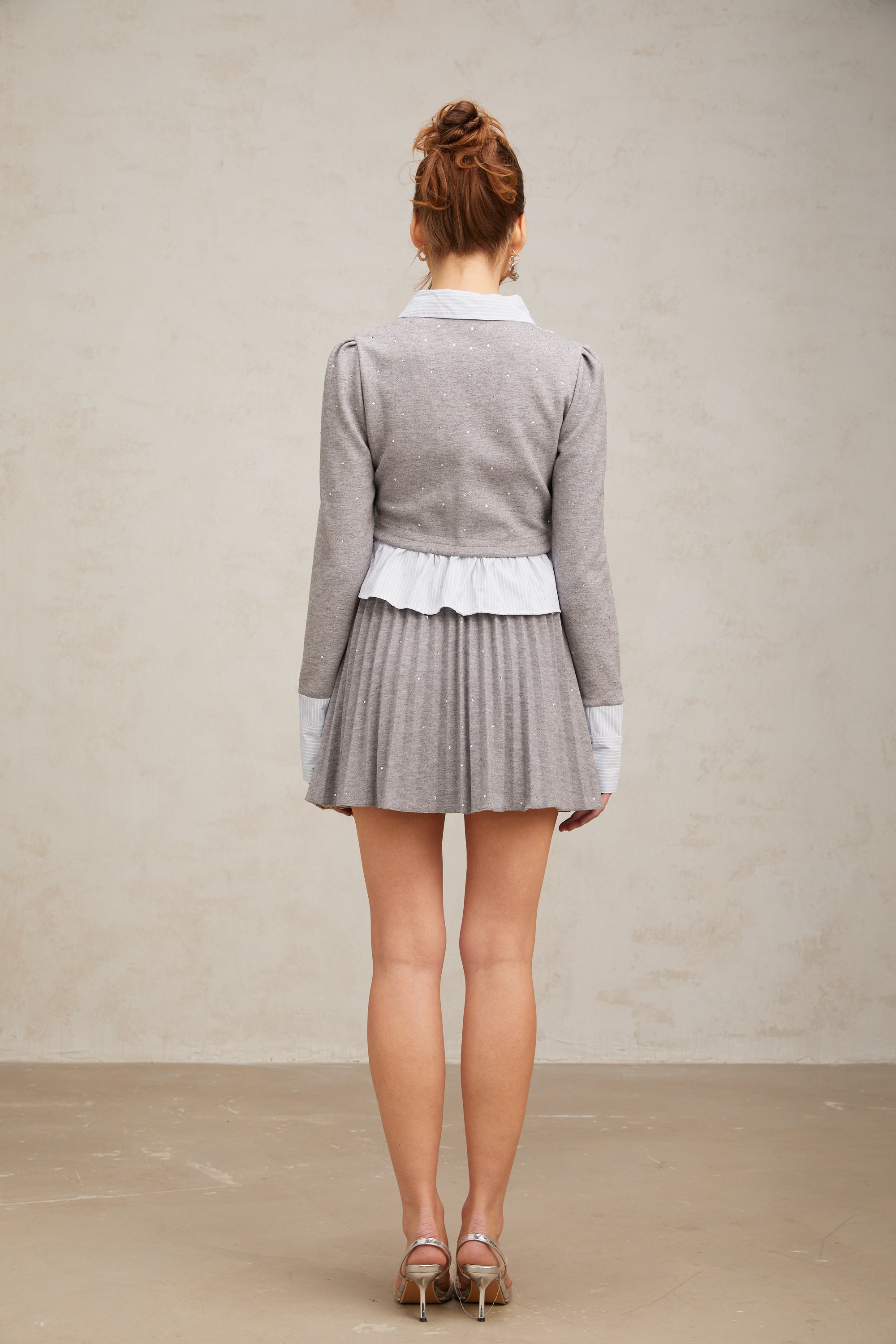 Honorine grey bowknot studded shirt & skirt matching set