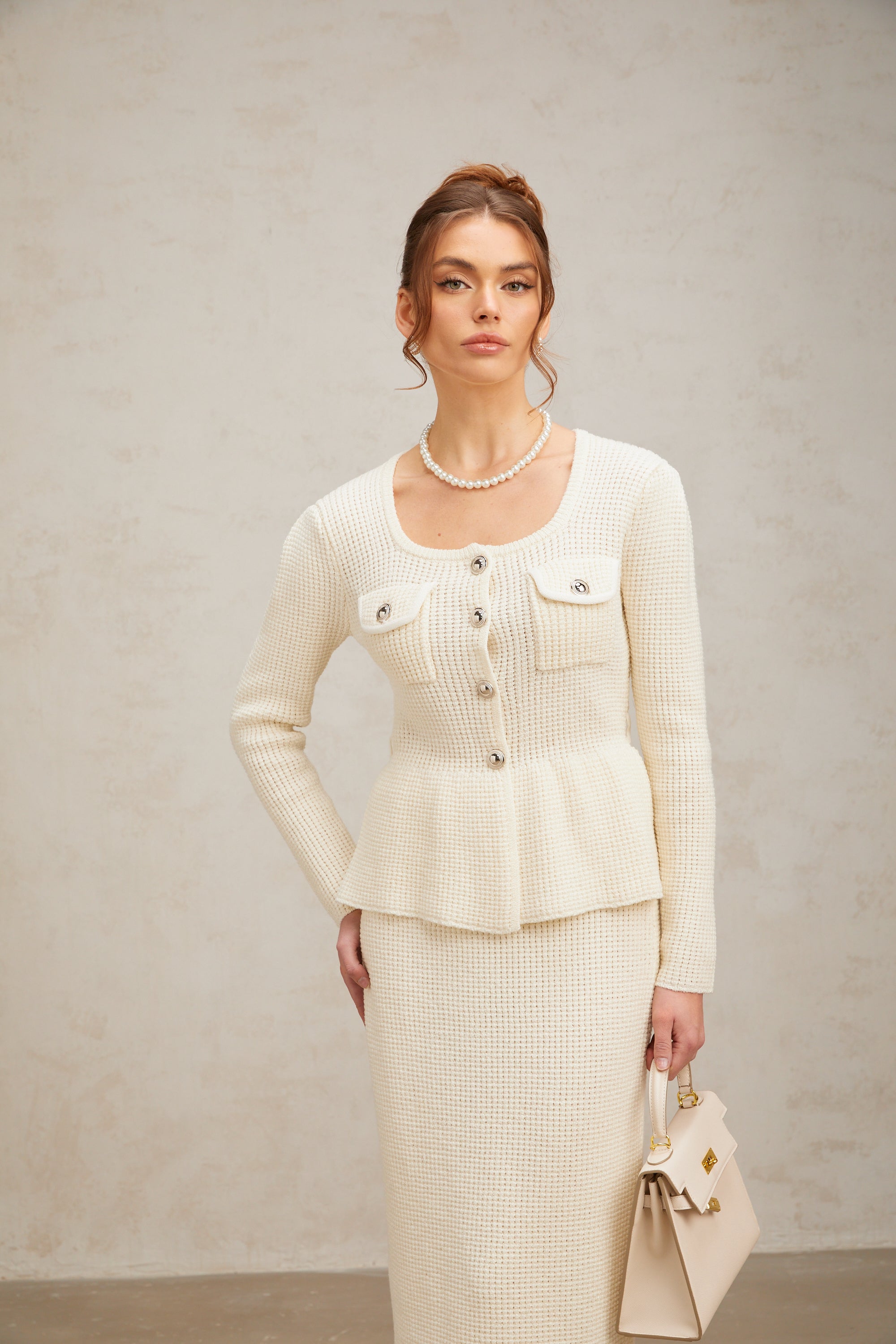 Manon white peplum-waist knit midi dress