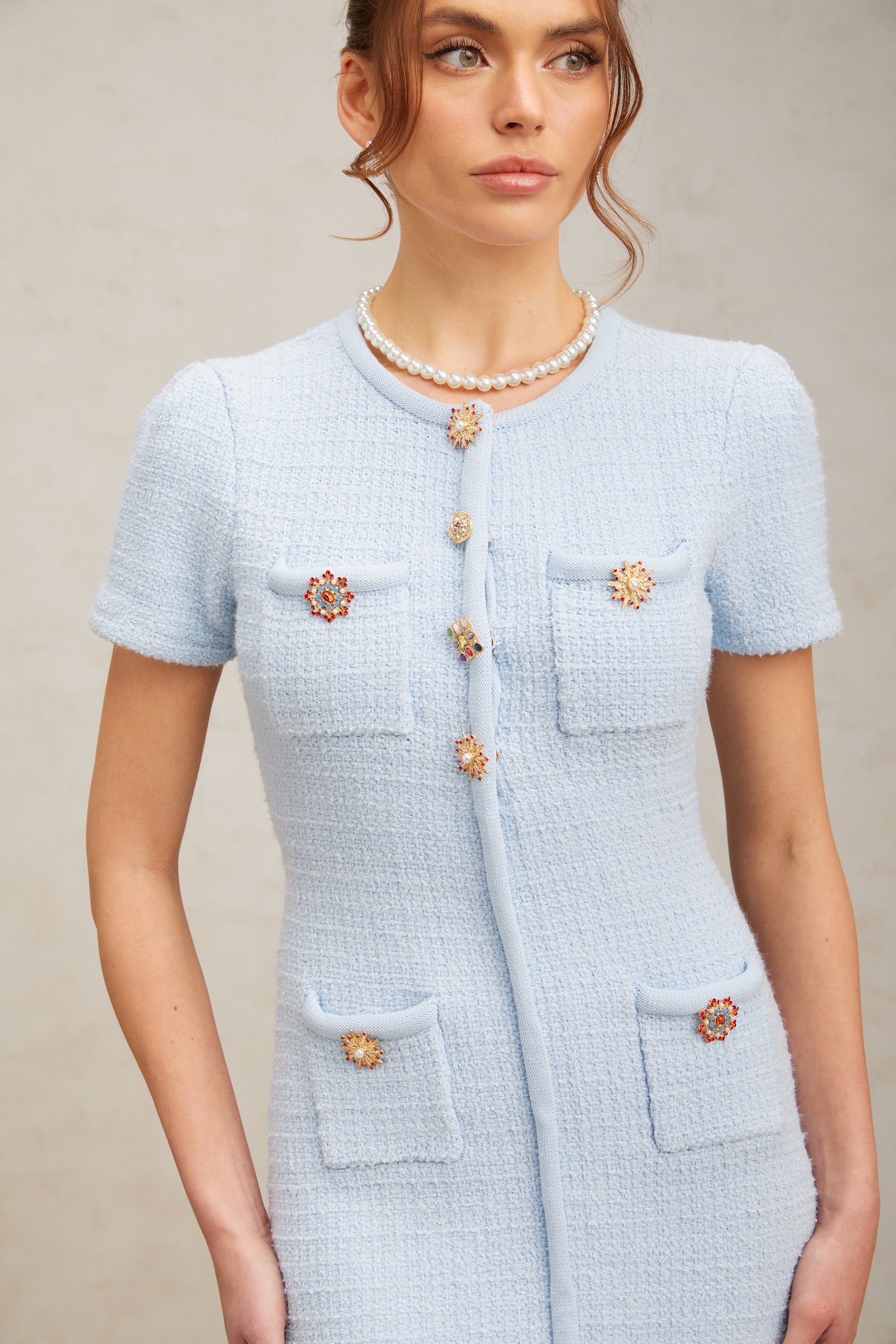 Cindy blue crystal-embellished knit mini dress