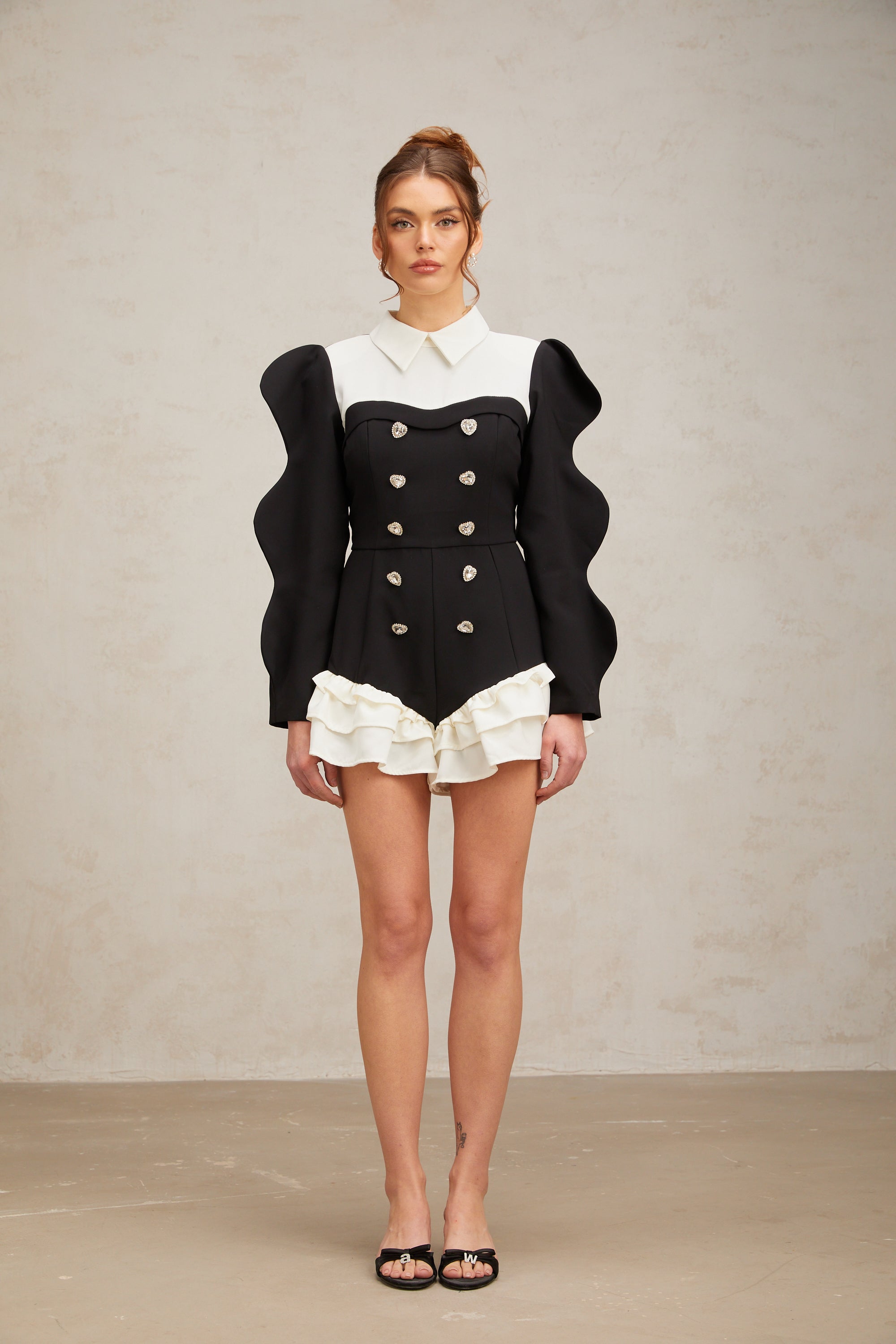 Chloe color-blocked heart-shaped-button ruffled bodysuit