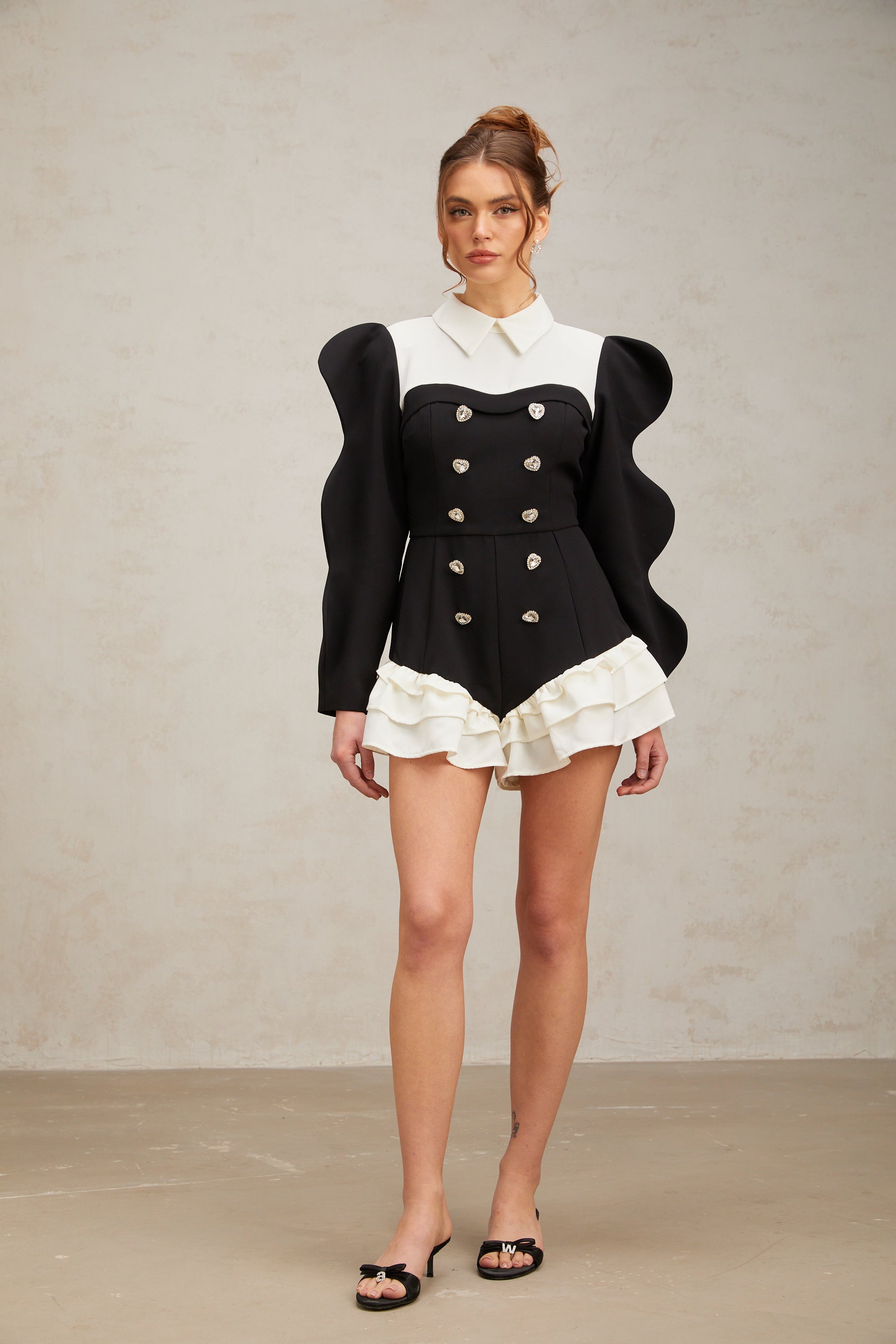 Chloe color-blocked heart-shaped-button ruffled bodysuit