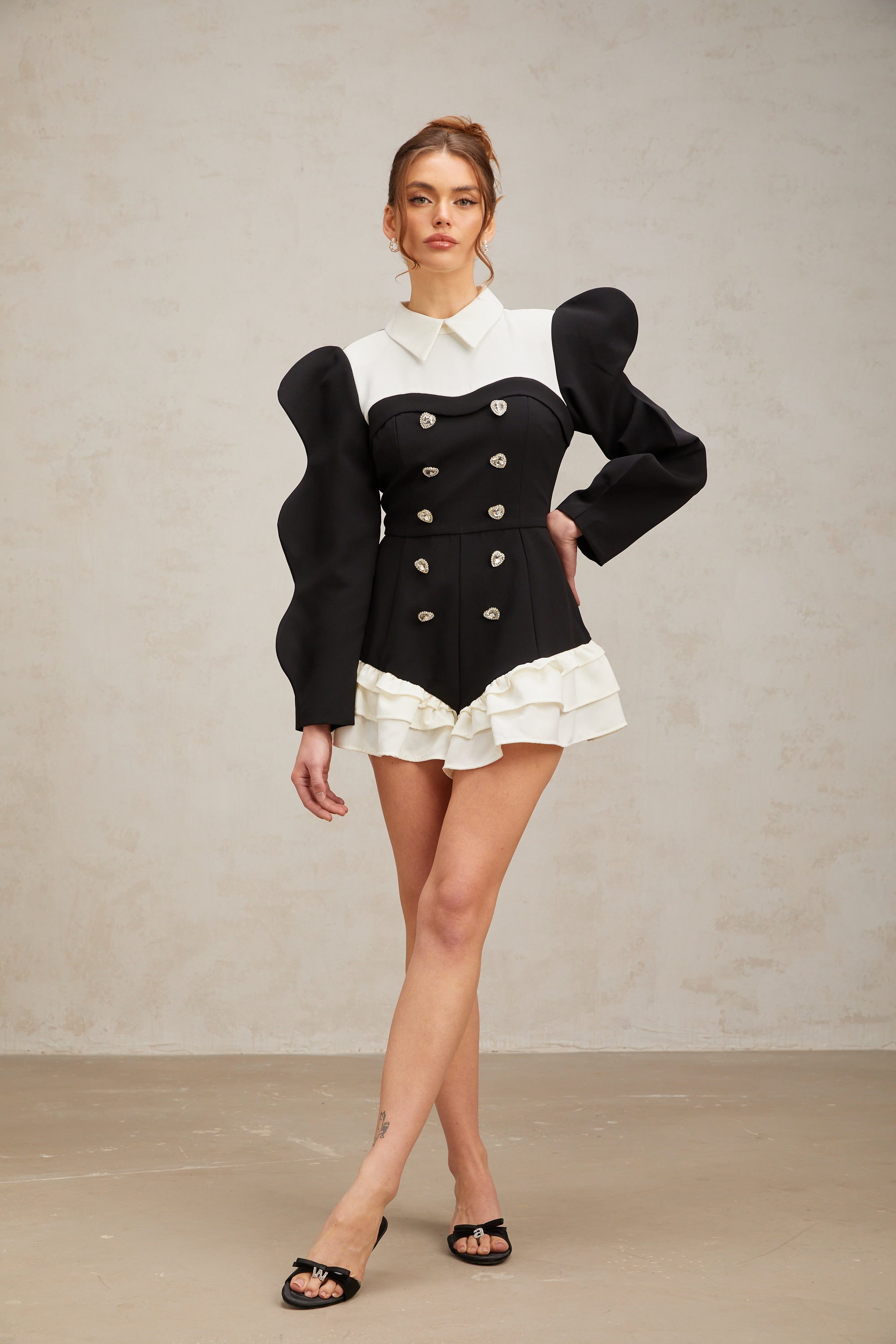 Chloe color-blocked heart-shaped-button ruffled bodysuit