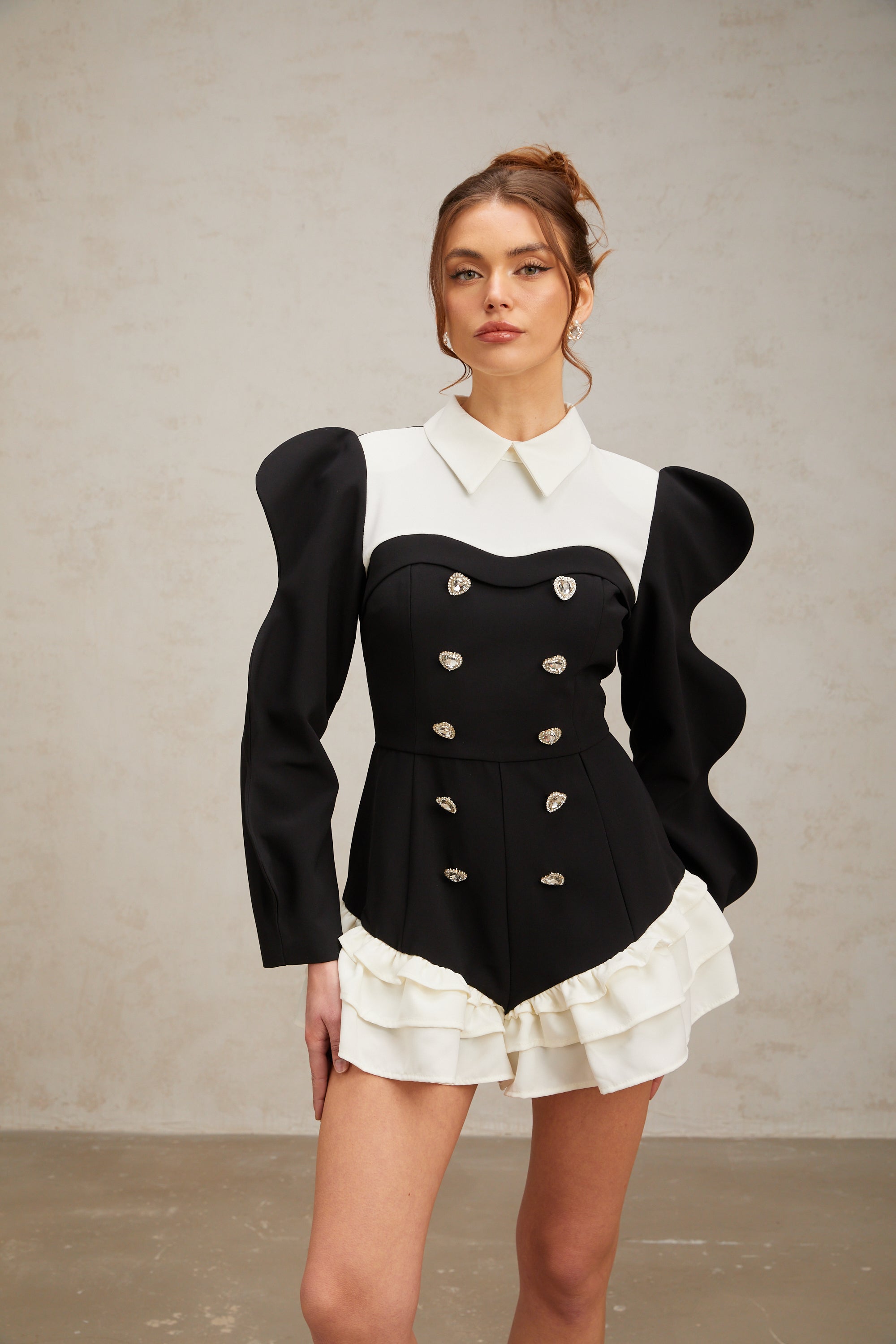 Chloe color-blocked heart-shaped-button ruffled bodysuit