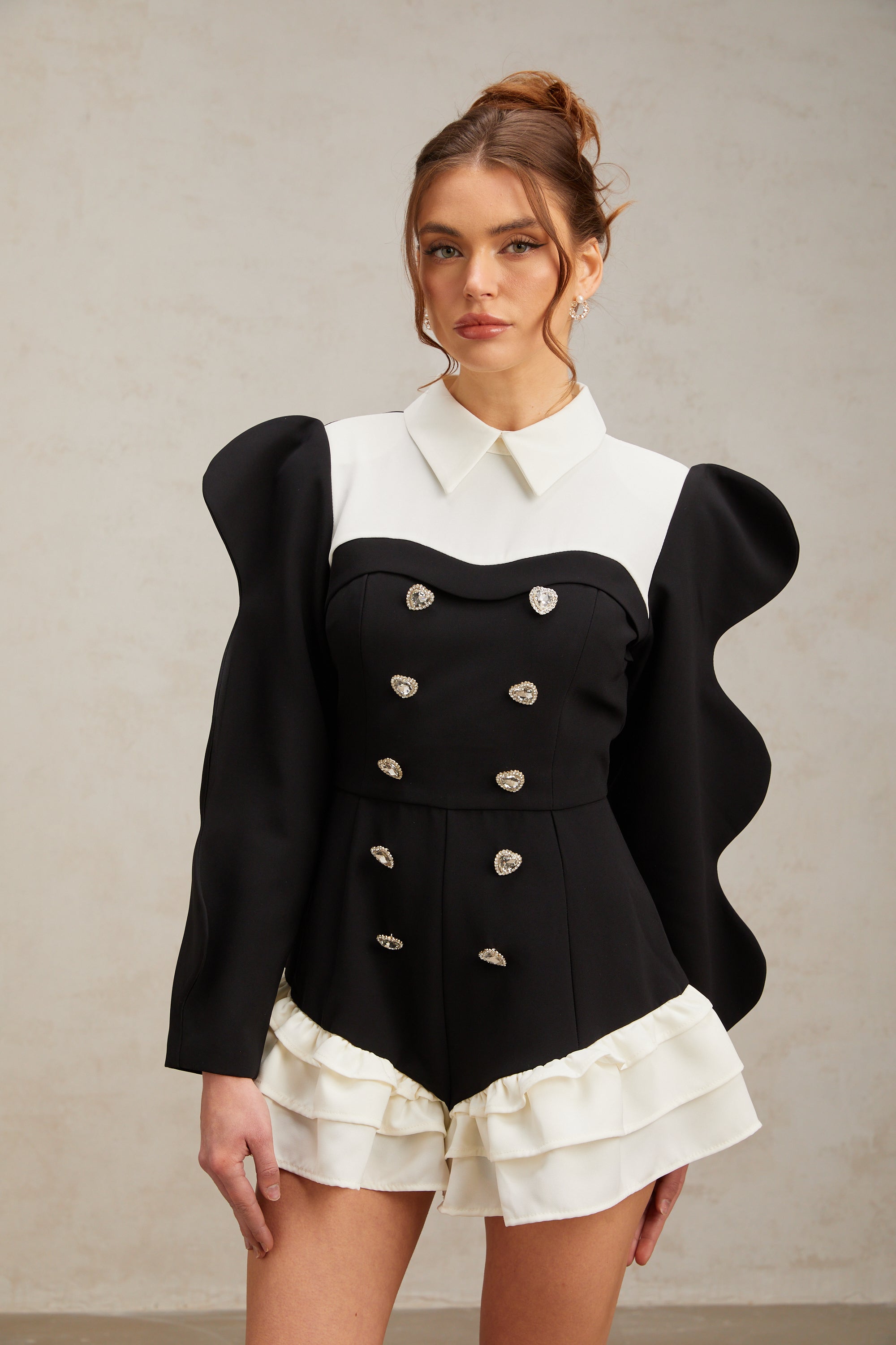 Chloe color-blocked heart-shaped-button ruffled bodysuit