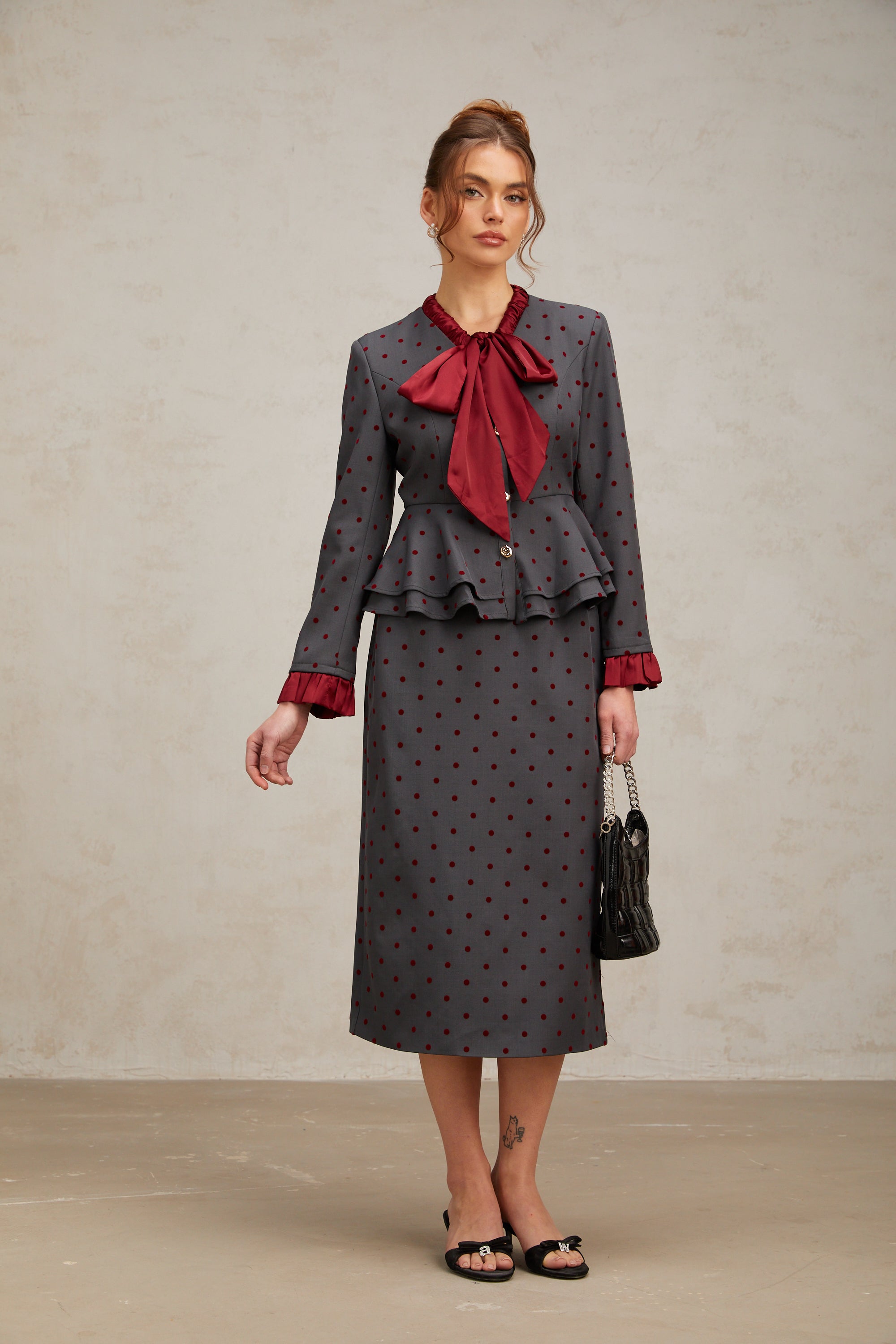 Priscille grey polka-dot top & skirt matching set