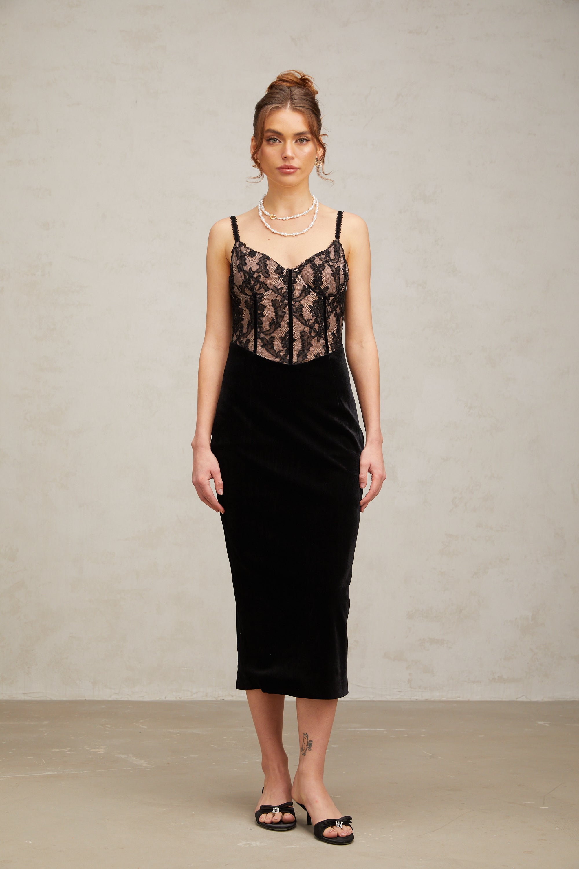 Margaux black floral-embroidered lace velvet panelled midi dress