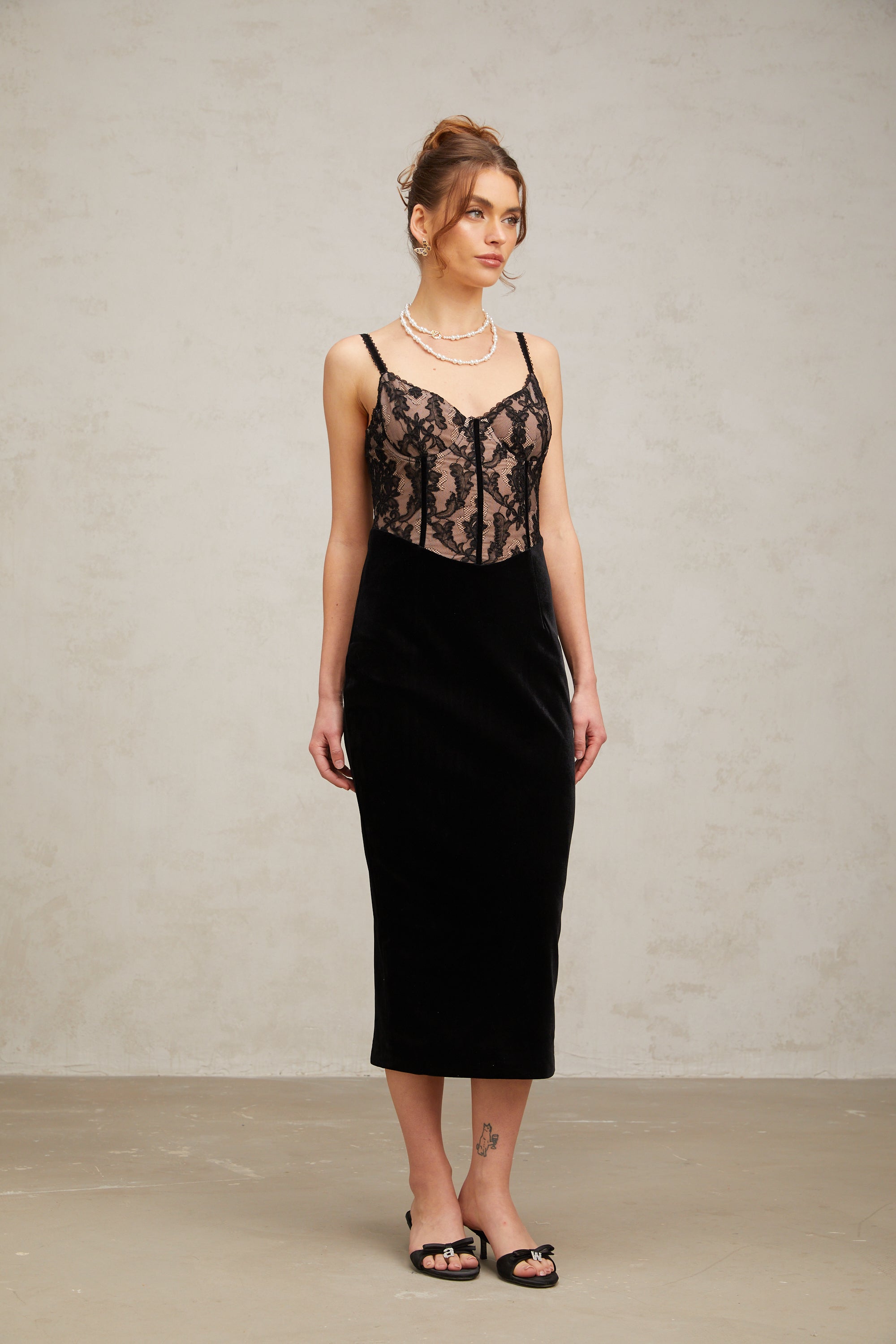 Margaux black floral-embroidered lace velvet panelled midi dress