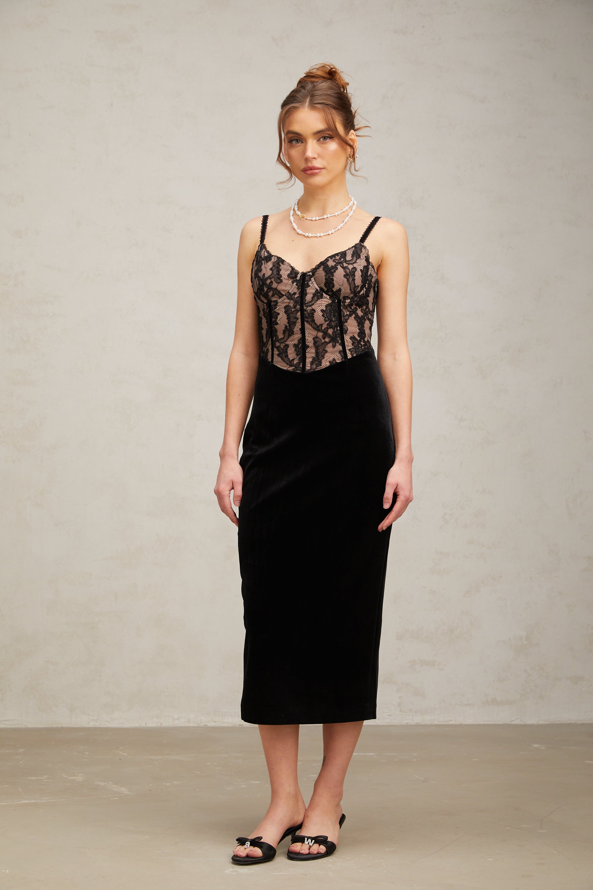 Margaux black floral-embroidered lace velvet panelled midi dress