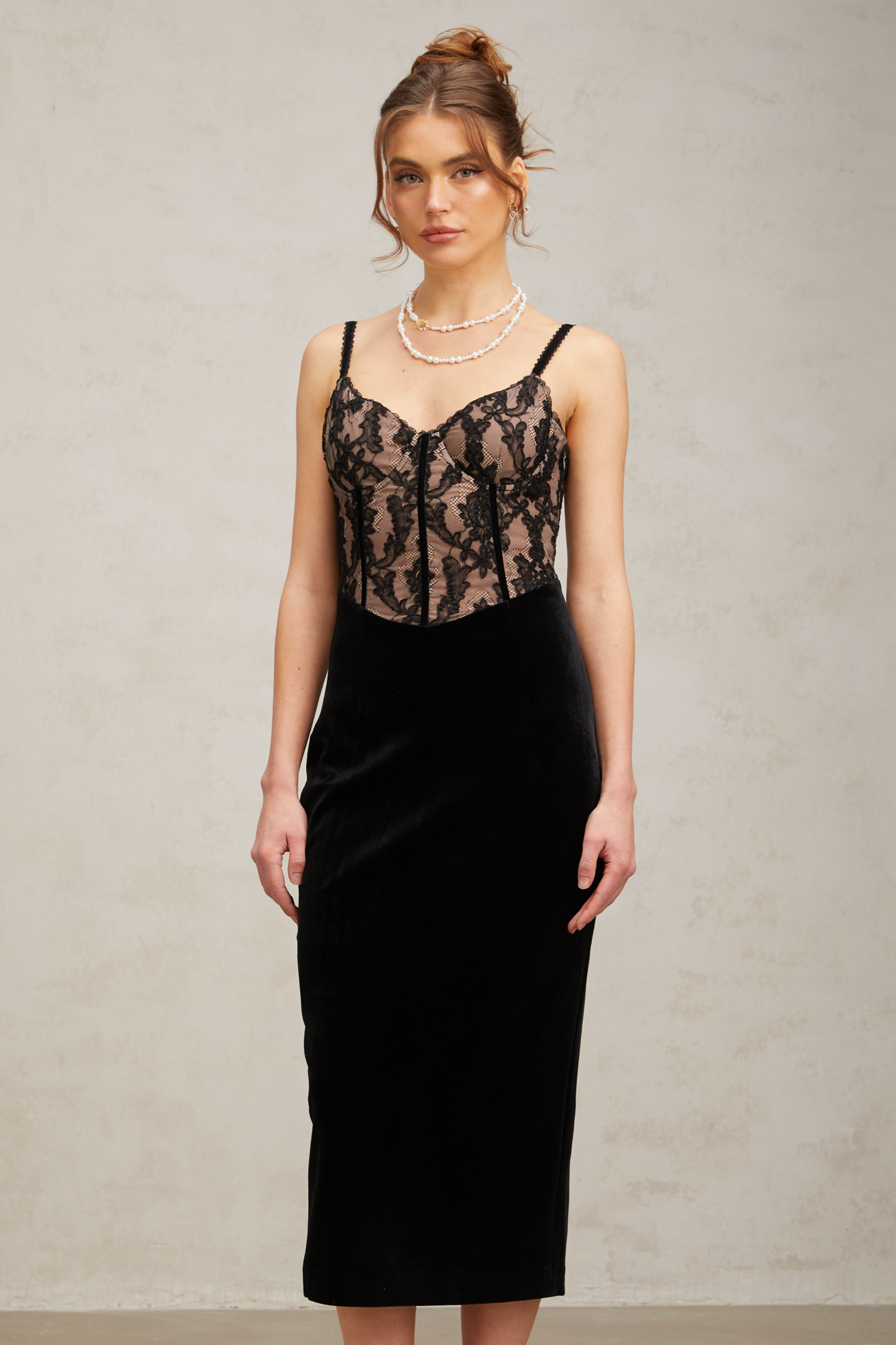 Margaux black floral-embroidered lace velvet panelled midi dress