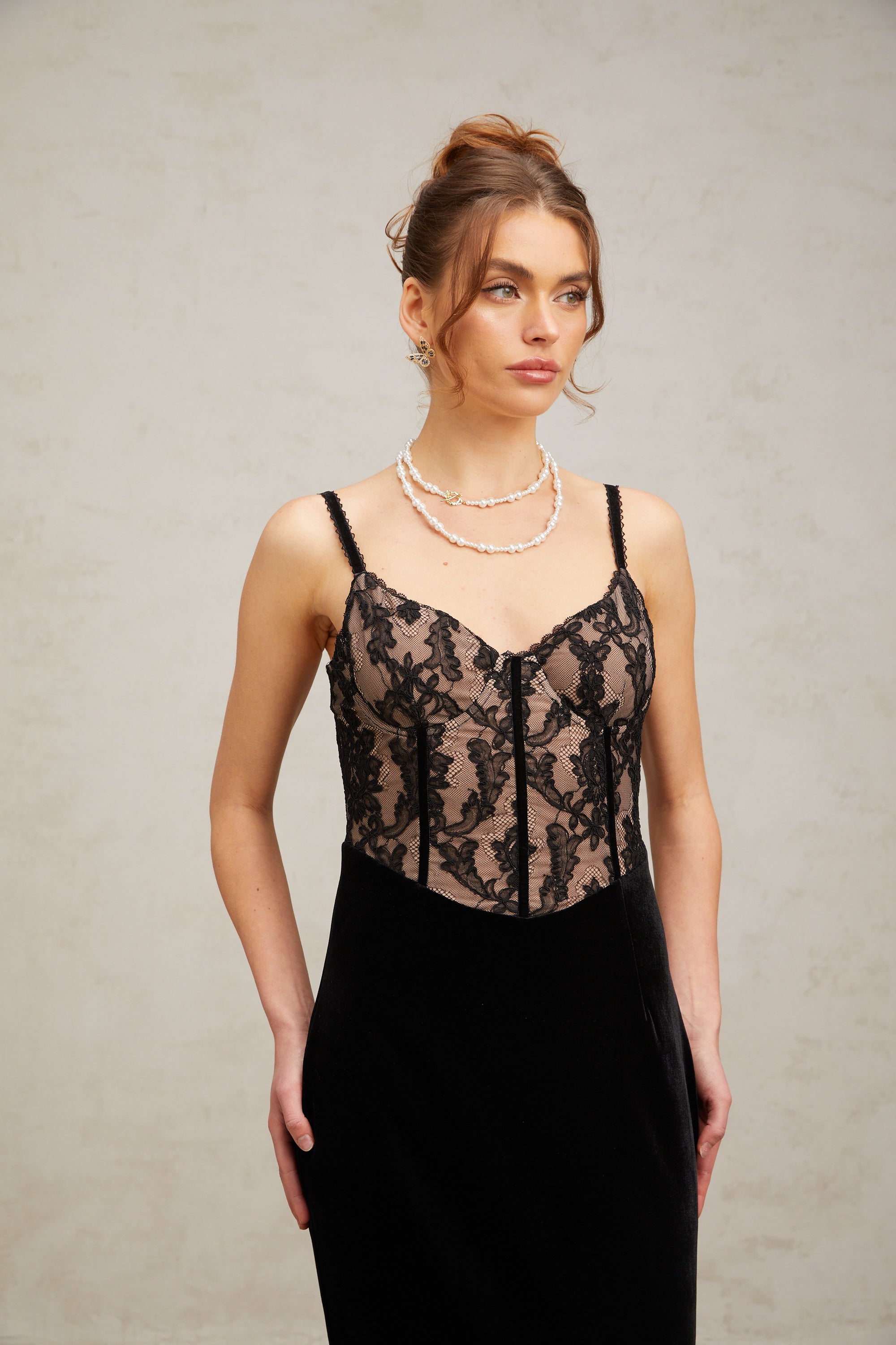 Margaux black floral-embroidered lace velvet panelled midi dress