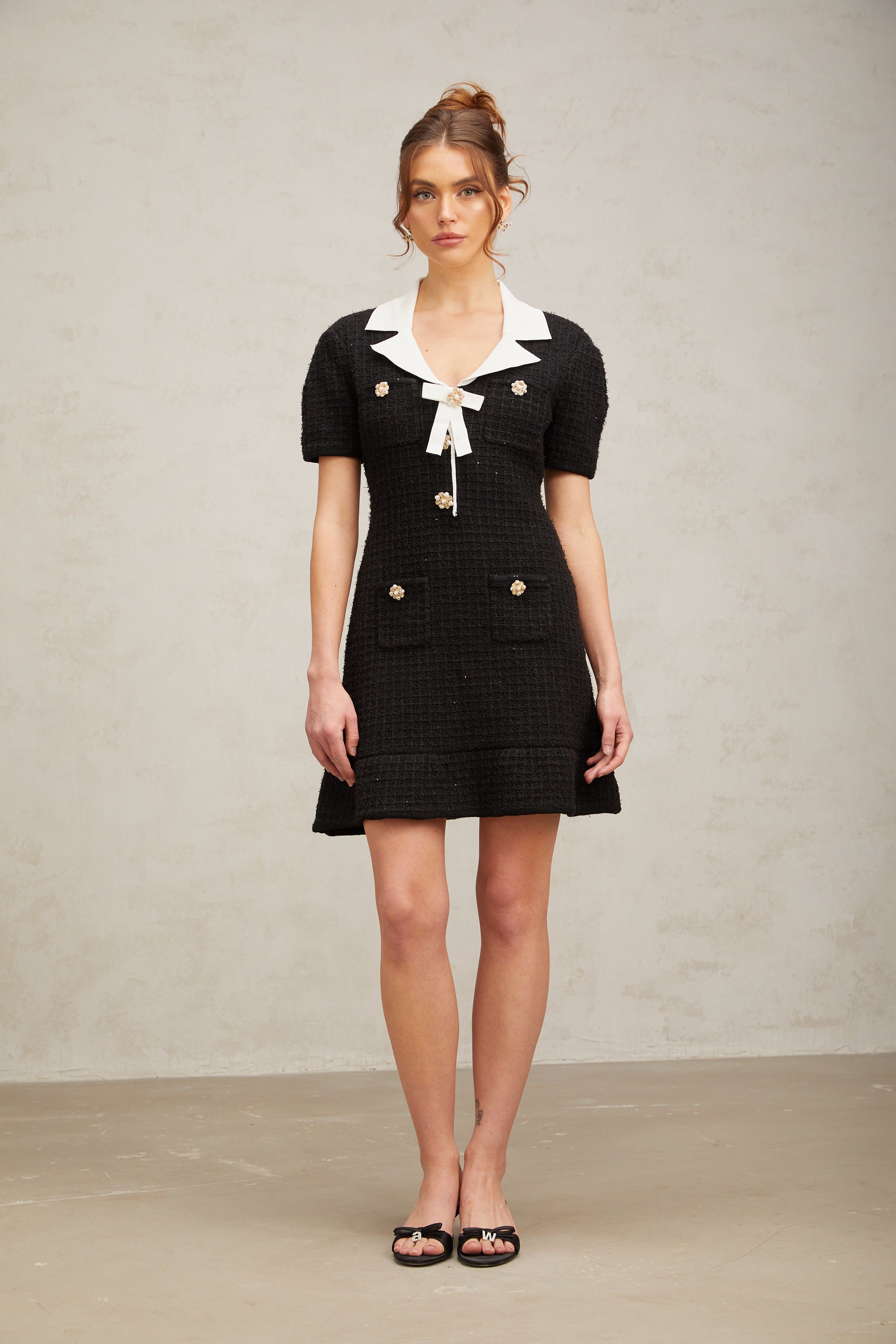 Ava black embellished waffle-knit mini dress