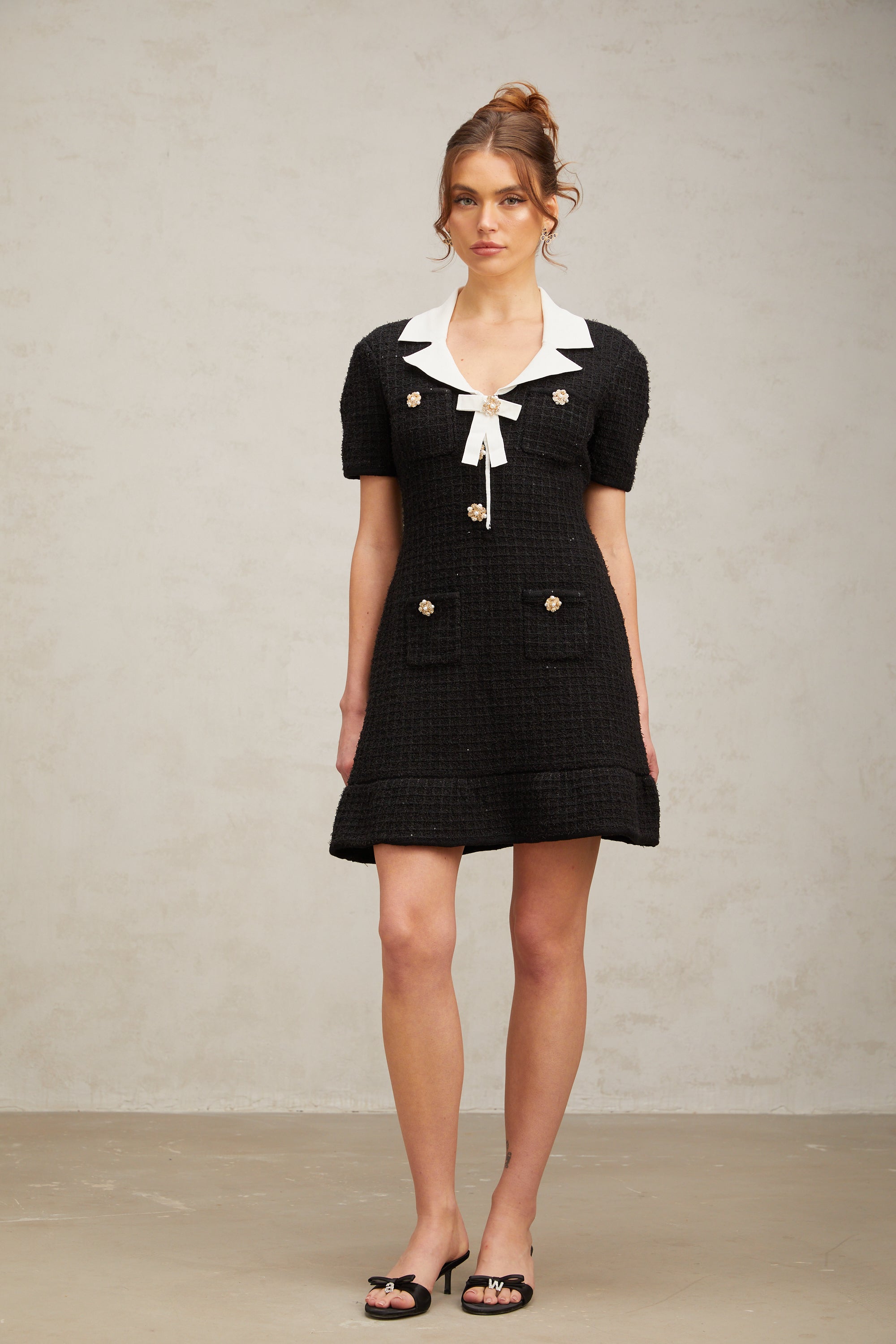 Ava black embellished waffle-knit mini dress