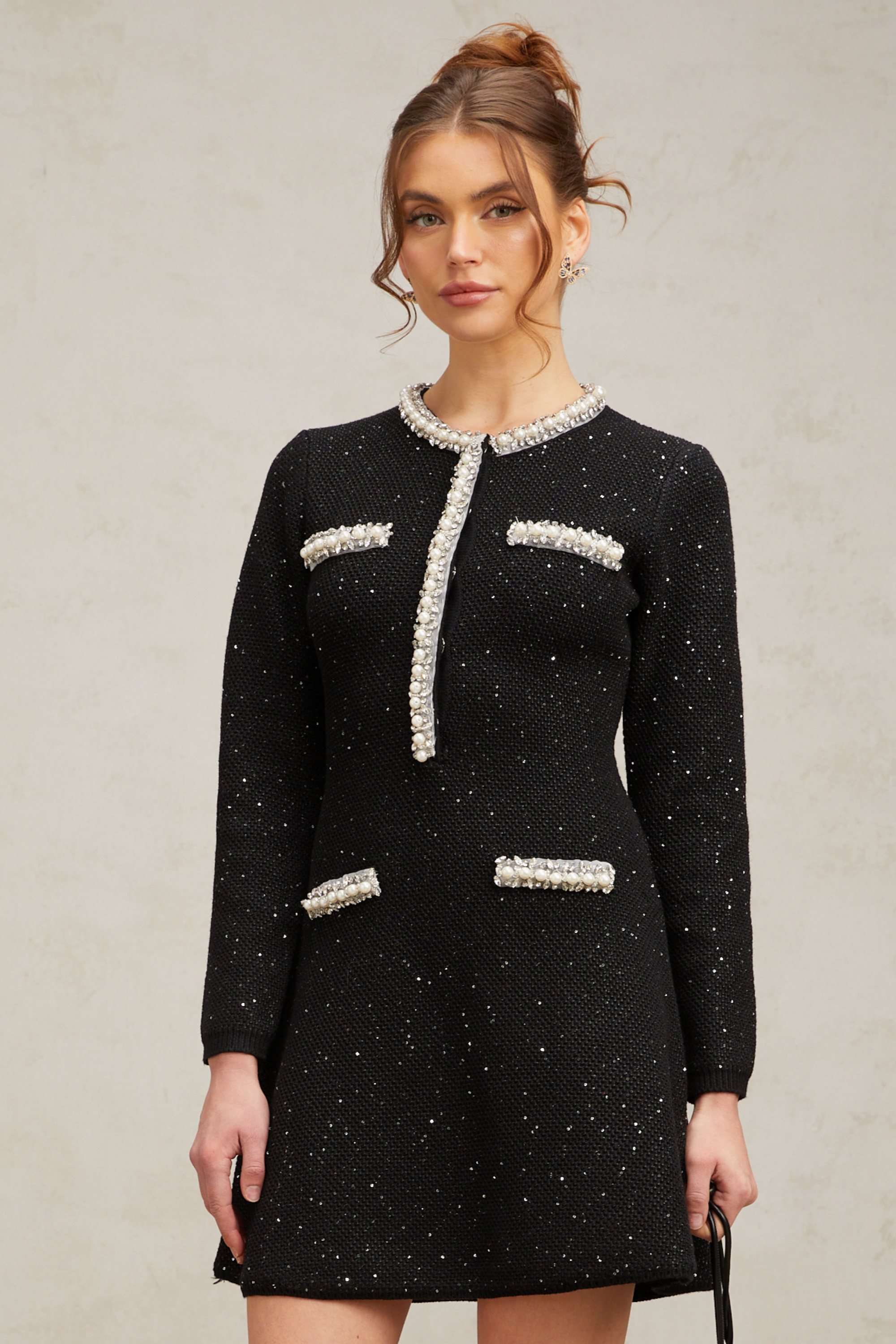 Marta black crystal sequined knit mini dress