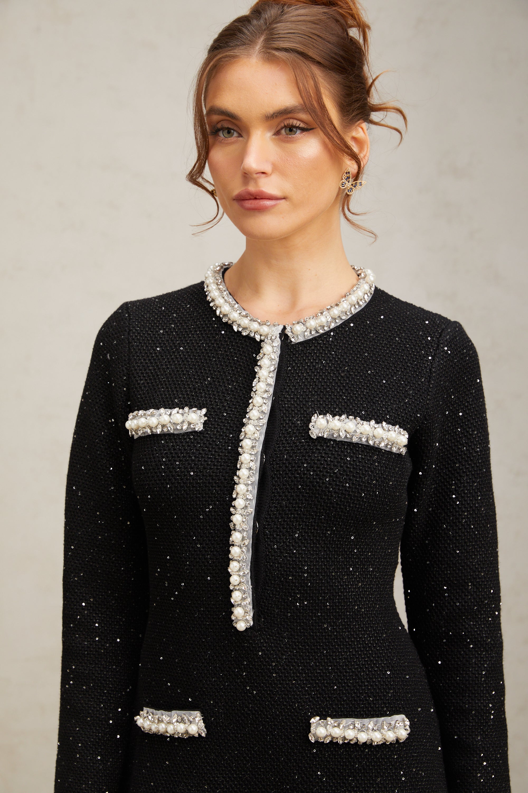 Marta black crystal sequined knit mini dress