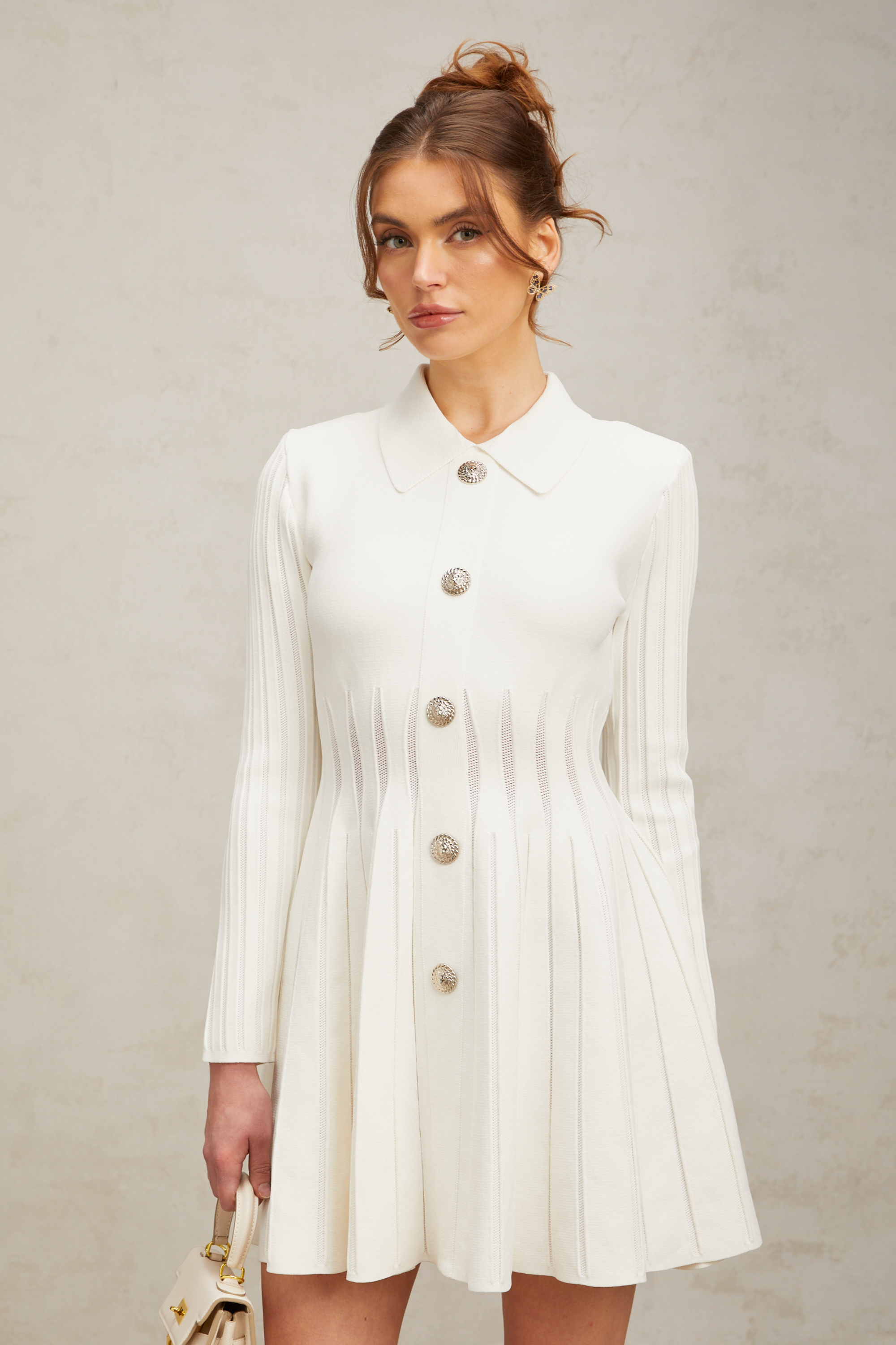 Emeline white pleated knit mini dress