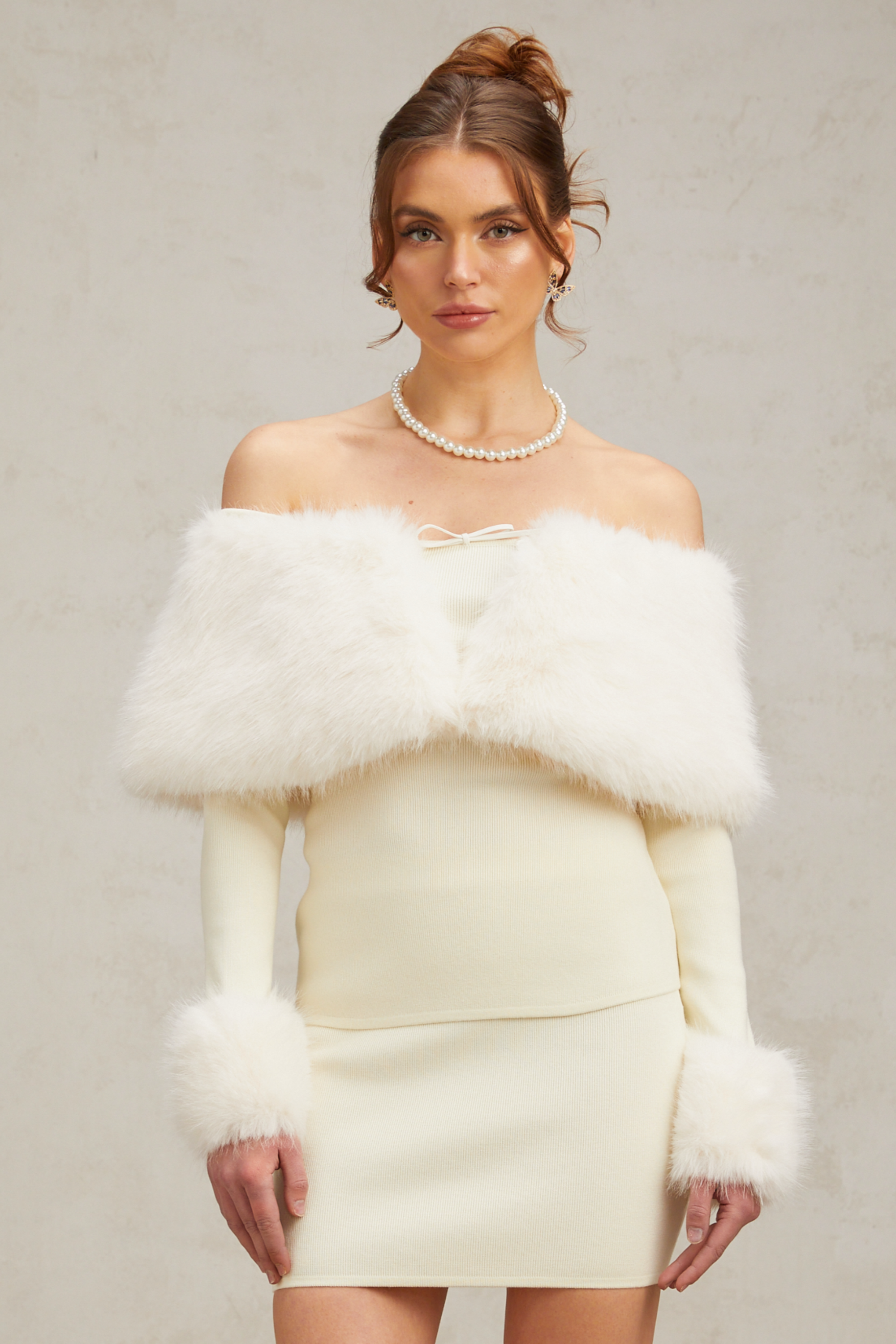 Coralie off-white faux-fur fine-knit top & skirt matching set