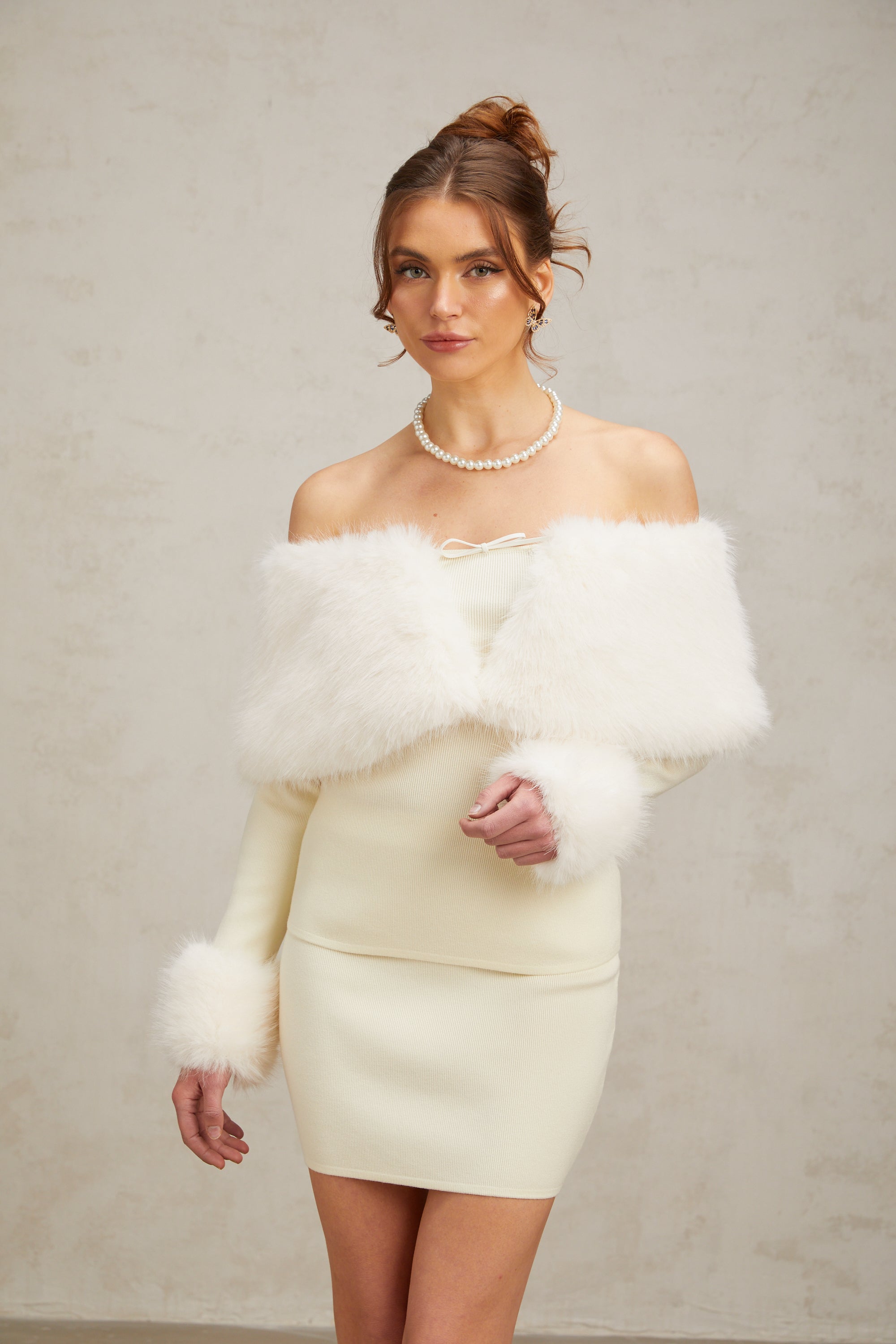 Coralie off-white faux-fur fine-knit top & skirt matching set