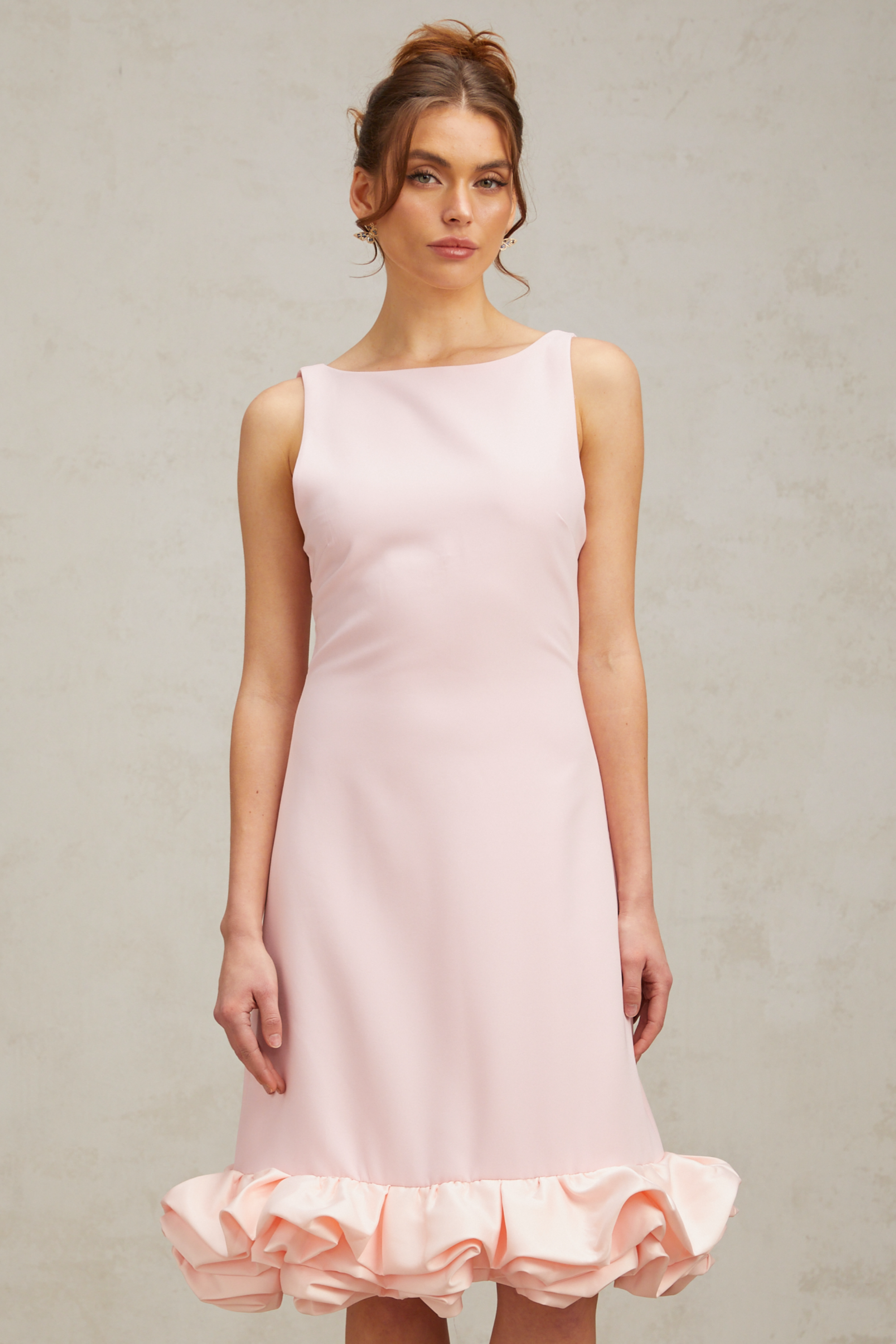 Charlène pink ruffled sleeveless midi dress