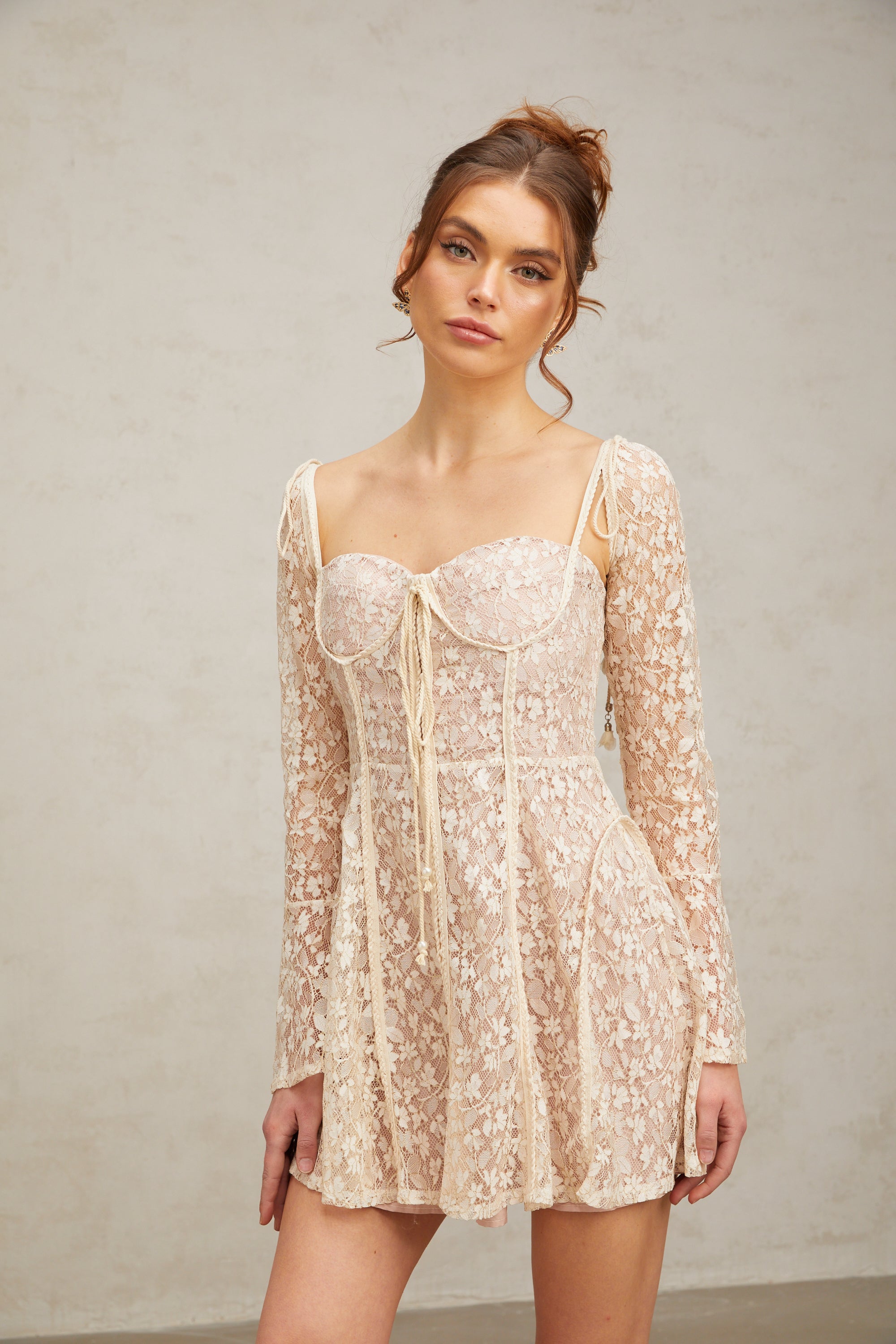 Yasmine neutrals floral embroidery mini dress